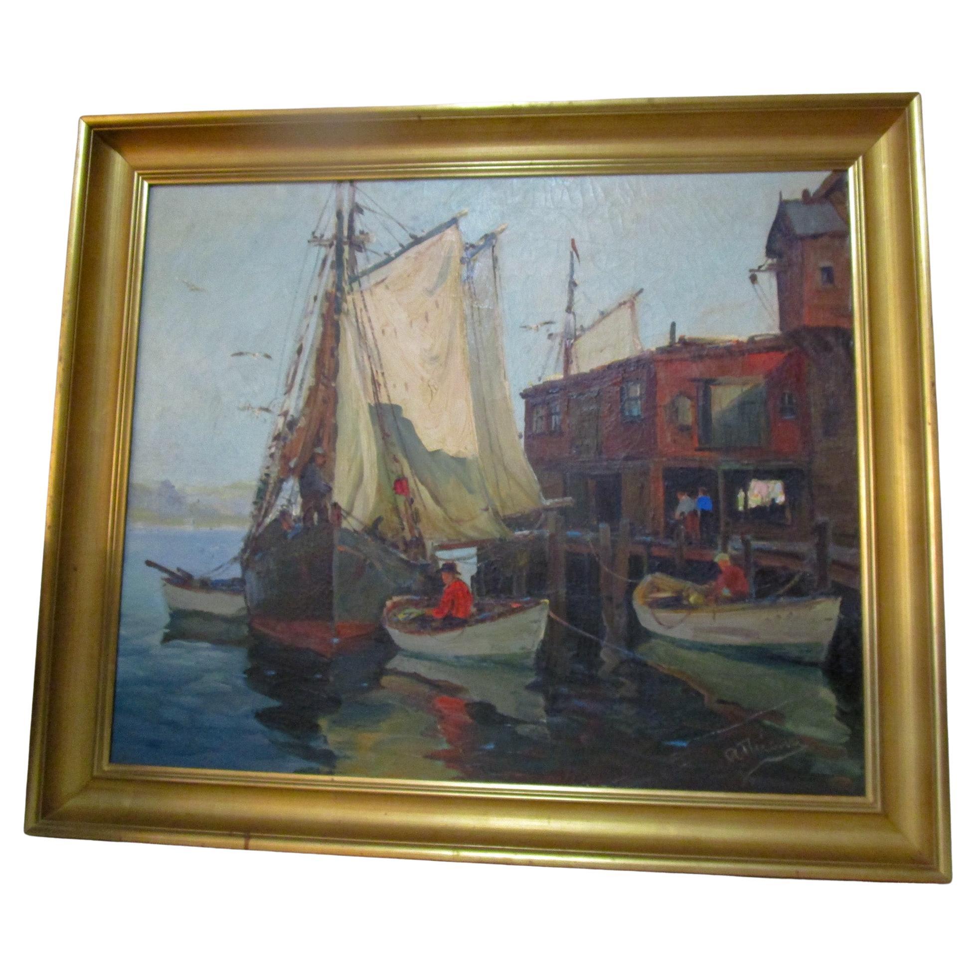 Peinture impressionniste américaine de scène portuaire de la Nouvelle-Angleterre intitulée "Sails Up" par A. Thieme en vente