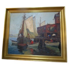American Impressionist New England Harbor Scene Painting "Sails Up" by A. Thieme