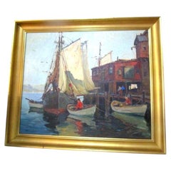 American Impressionist New England Harbor Scene Painting "Sails Up" by A. Thieme