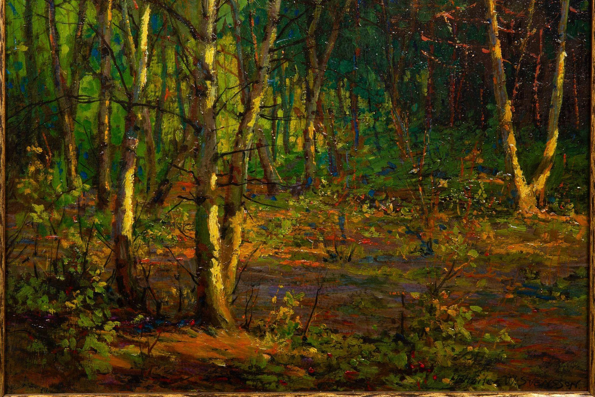 Américain Peinture à l'huile impressionniste américaine - Paysage en bois de Charles Svensson en vente