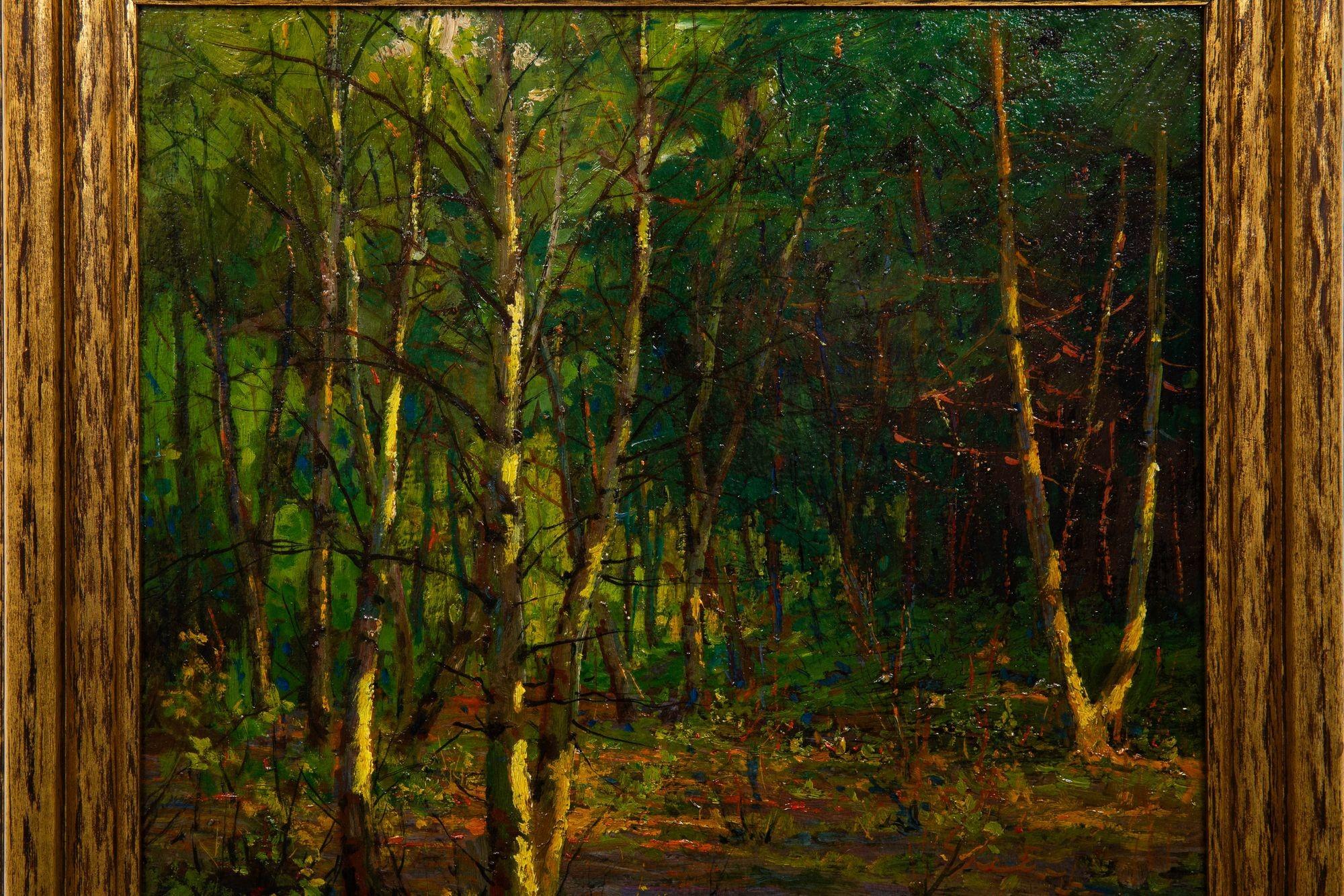 Peint à la main Peinture à l'huile impressionniste américaine - Paysage en bois de Charles Svensson en vente