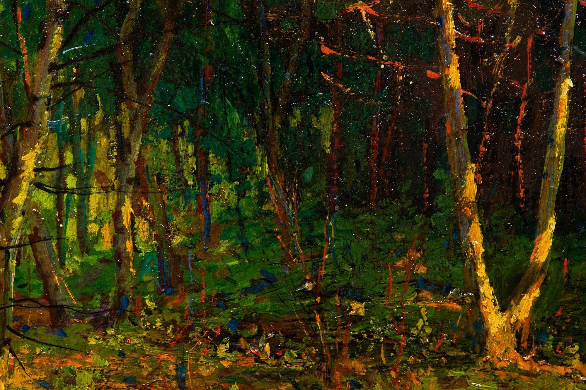 Peinture à l'huile impressionniste américaine - Paysage en bois de Charles Svensson en vente 1