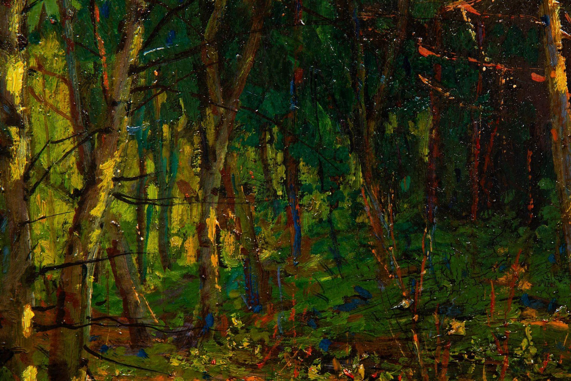 Peinture à l'huile impressionniste américaine - Paysage en bois de Charles Svensson en vente 2