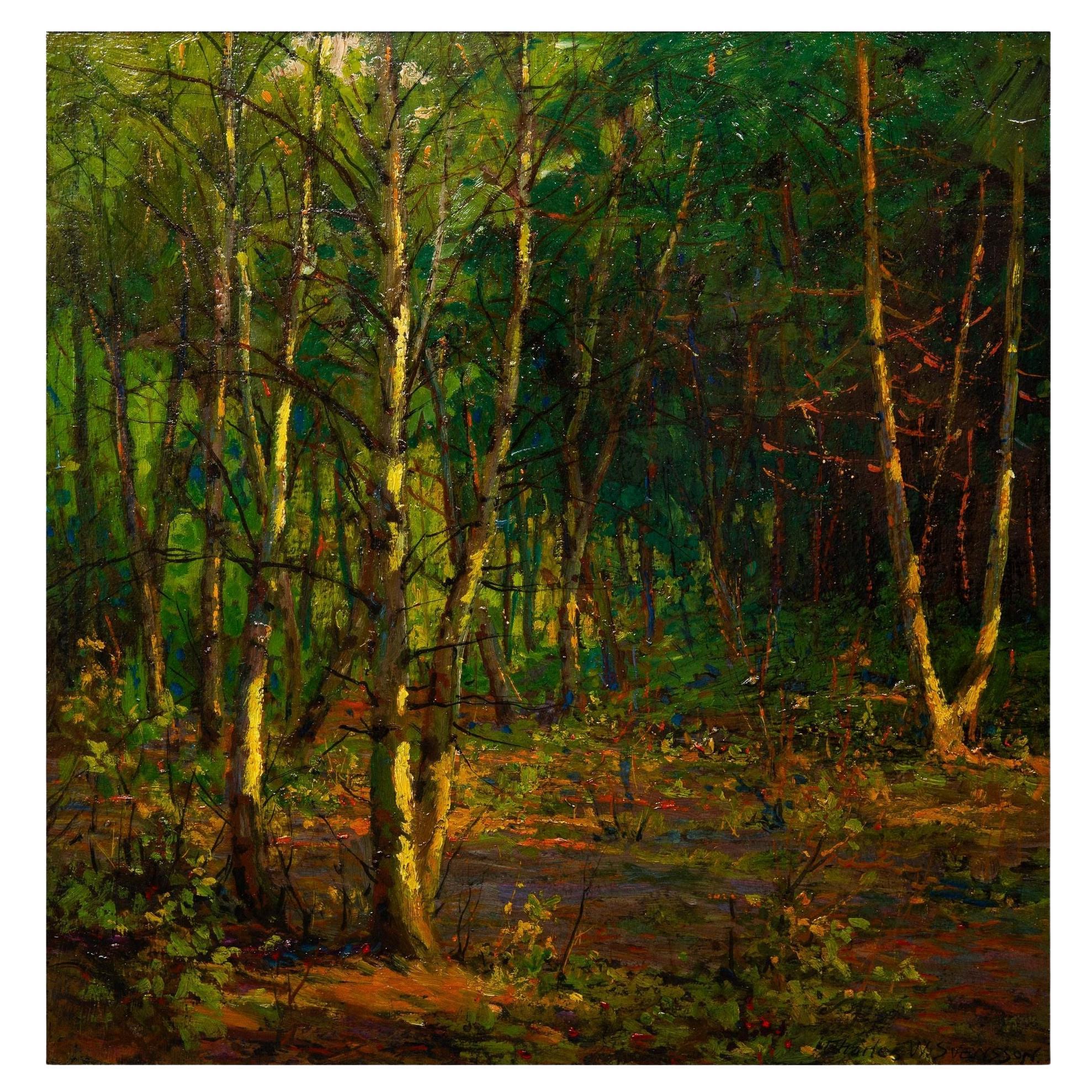 Peinture à l'huile impressionniste américaine - Paysage en bois de Charles Svensson