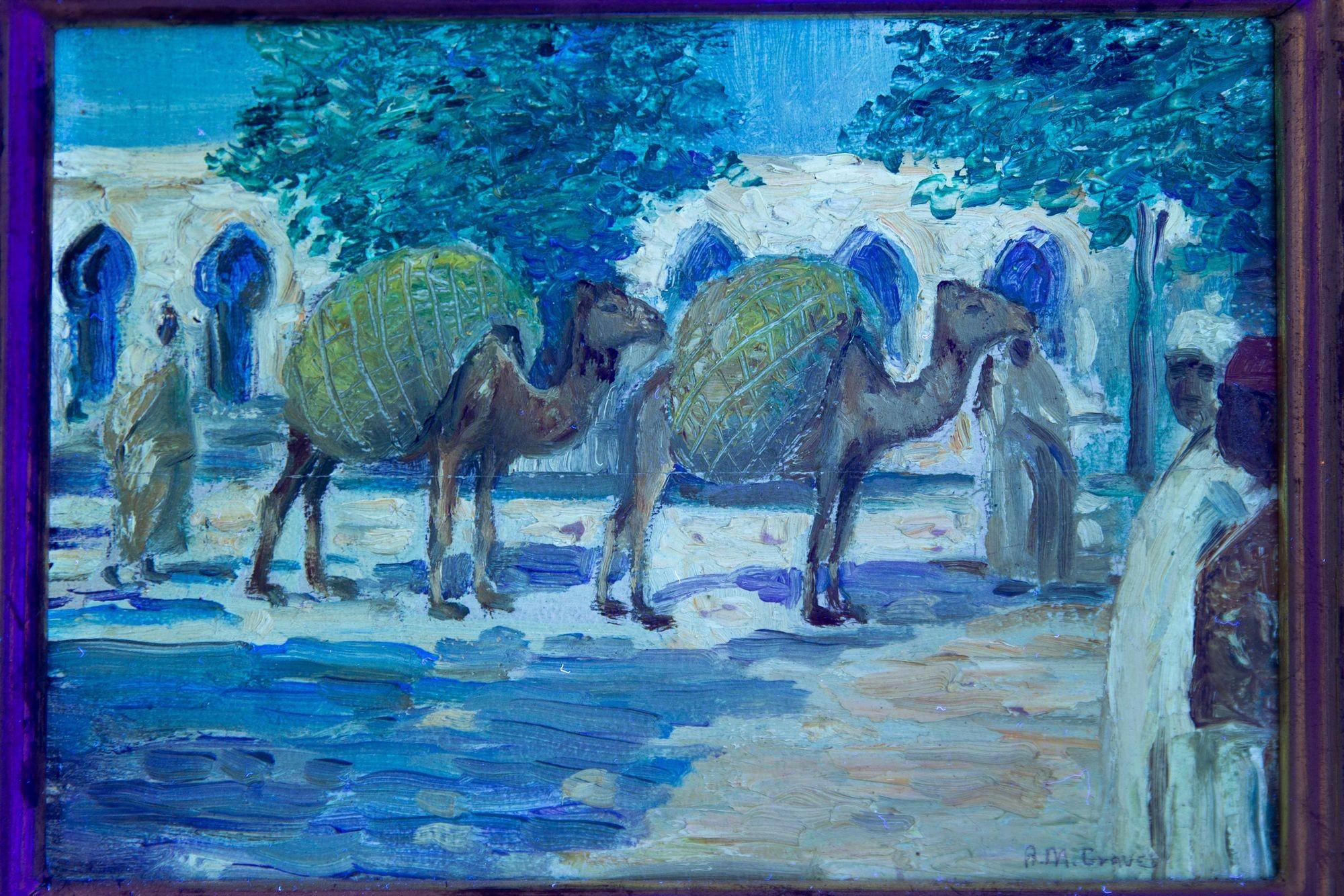 Peinture impressionniste américaine d'Albert Graves représentant un chameau à Souq al Jum'aa en vente 8