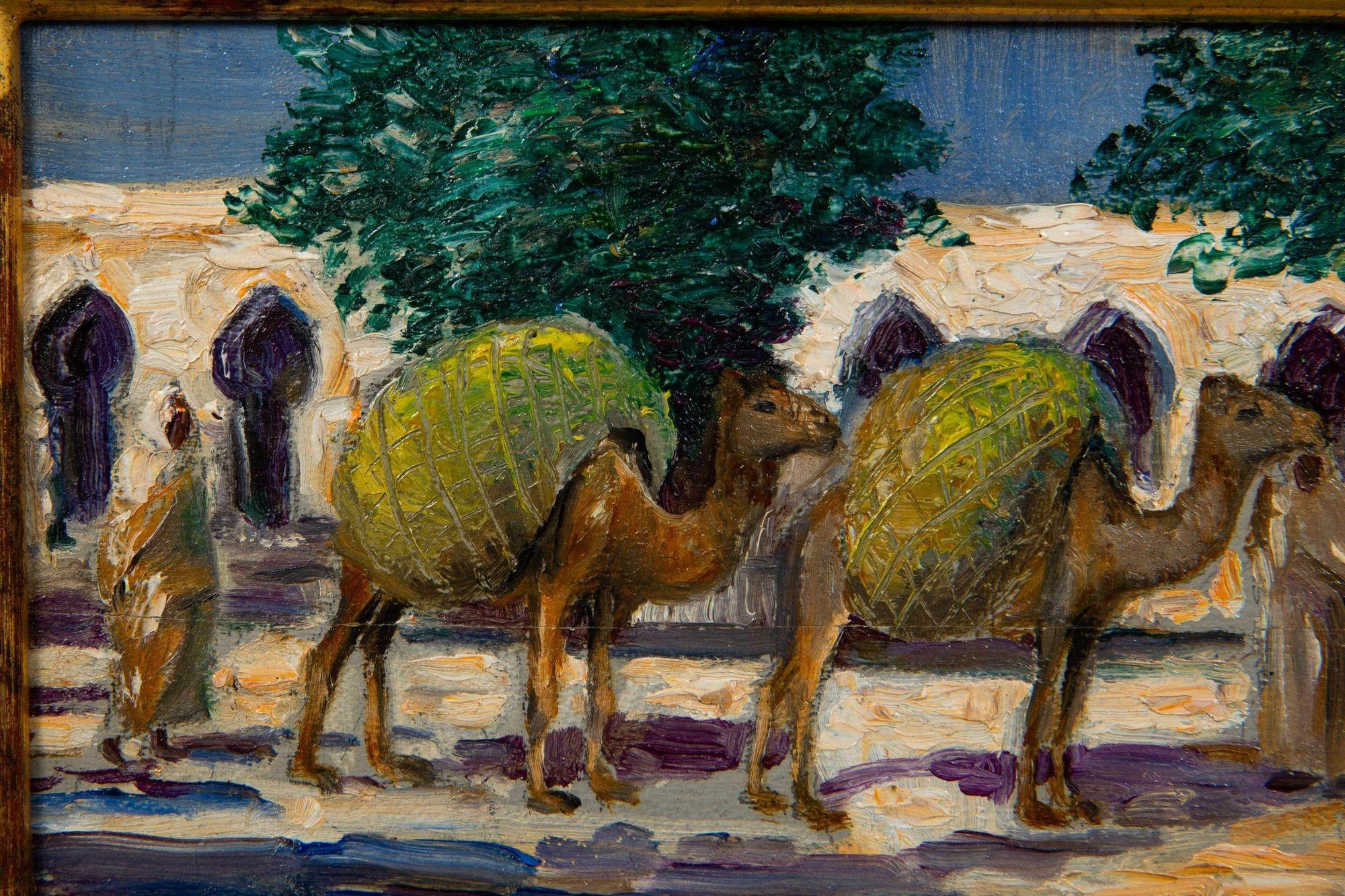 Peint à la main Peinture impressionniste américaine d'Albert Graves représentant un chameau à Souq al Jum'aa en vente
