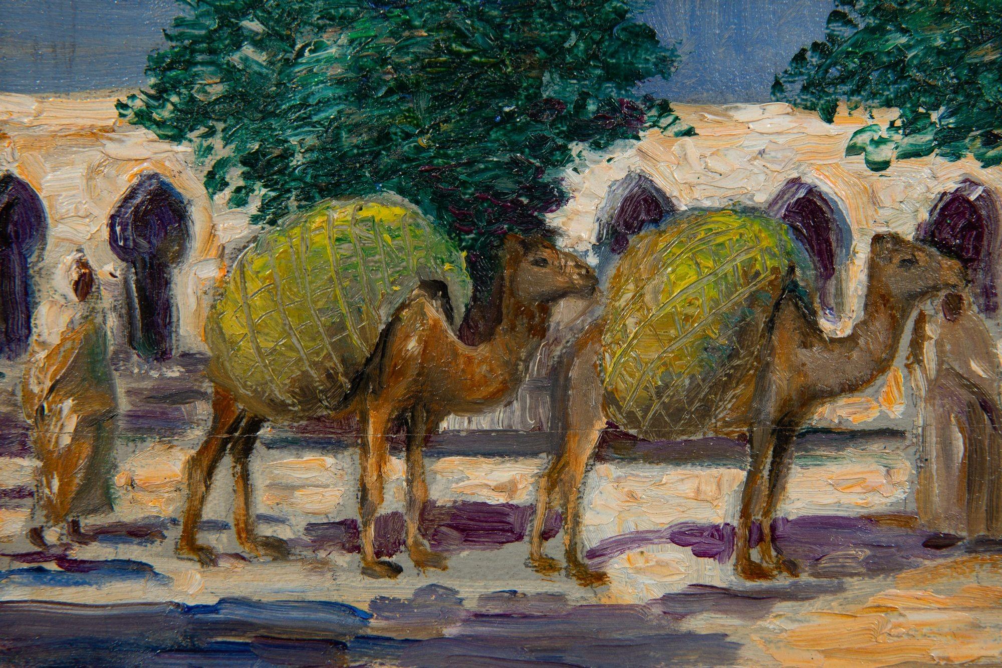 Peinture impressionniste américaine d'Albert Graves représentant un chameau à Souq al Jum'aa en vente 2