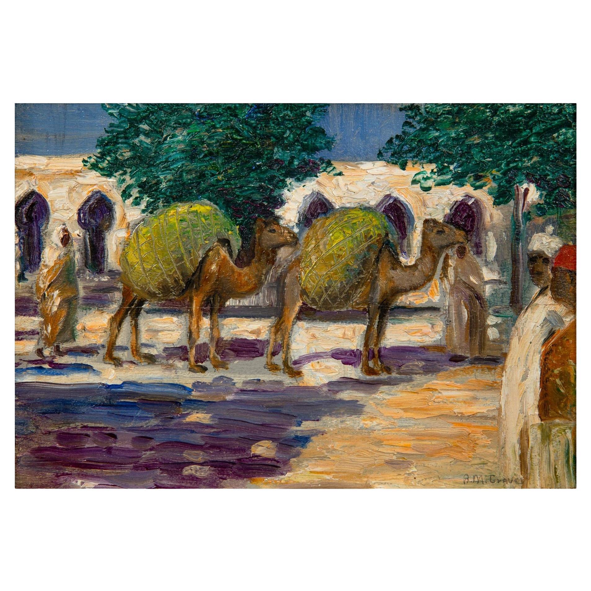 Peinture impressionniste américaine d
Albert Graves représentant un chameau à Souq al Jum
aa