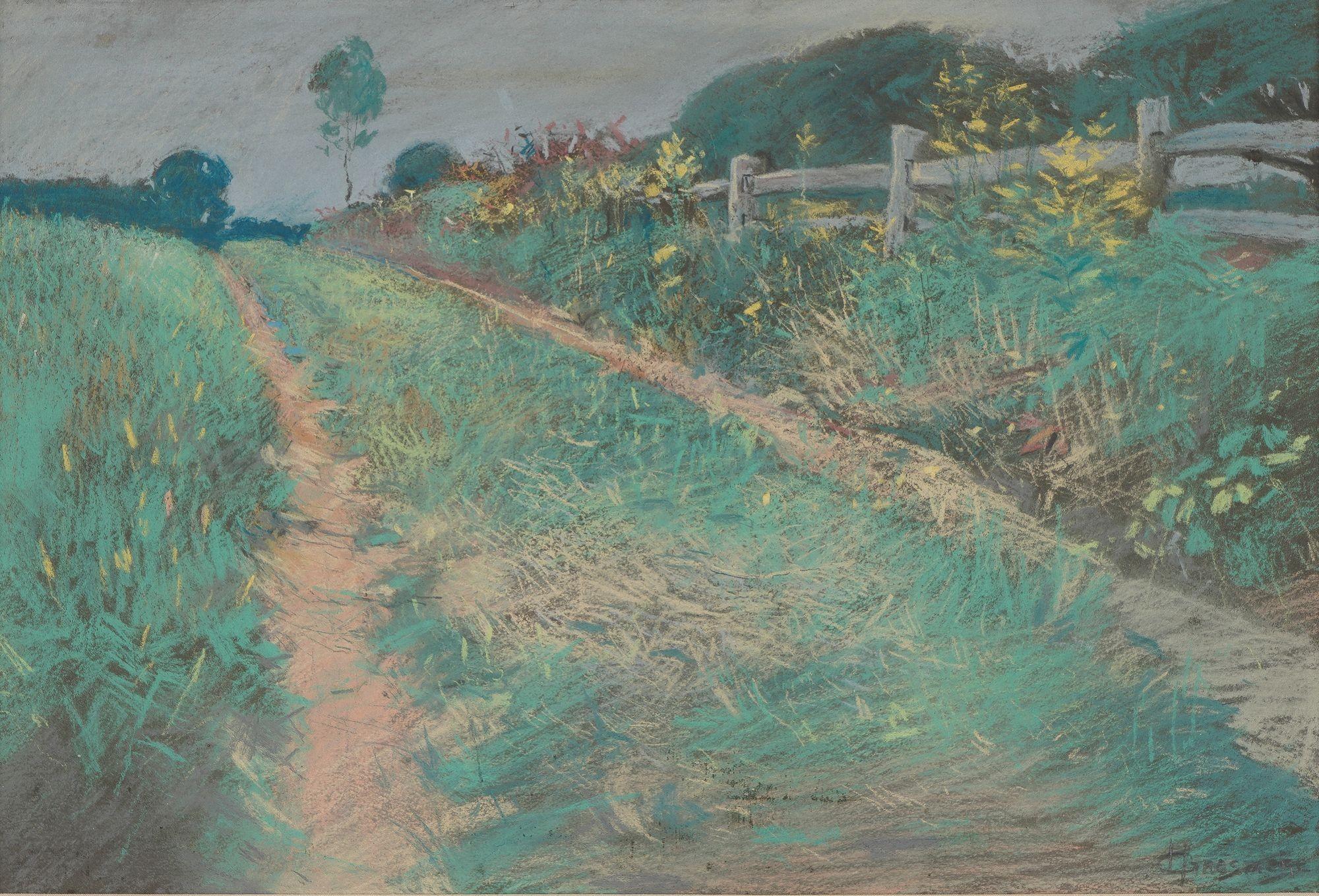 An accomplished Impressionist pastel on paper, summer landscape centering on a rutted lane bordering a split rail fence. The work is mounted on a silk mat and framed in a gold leaf molding style of the period. The signed name is unlisted in the