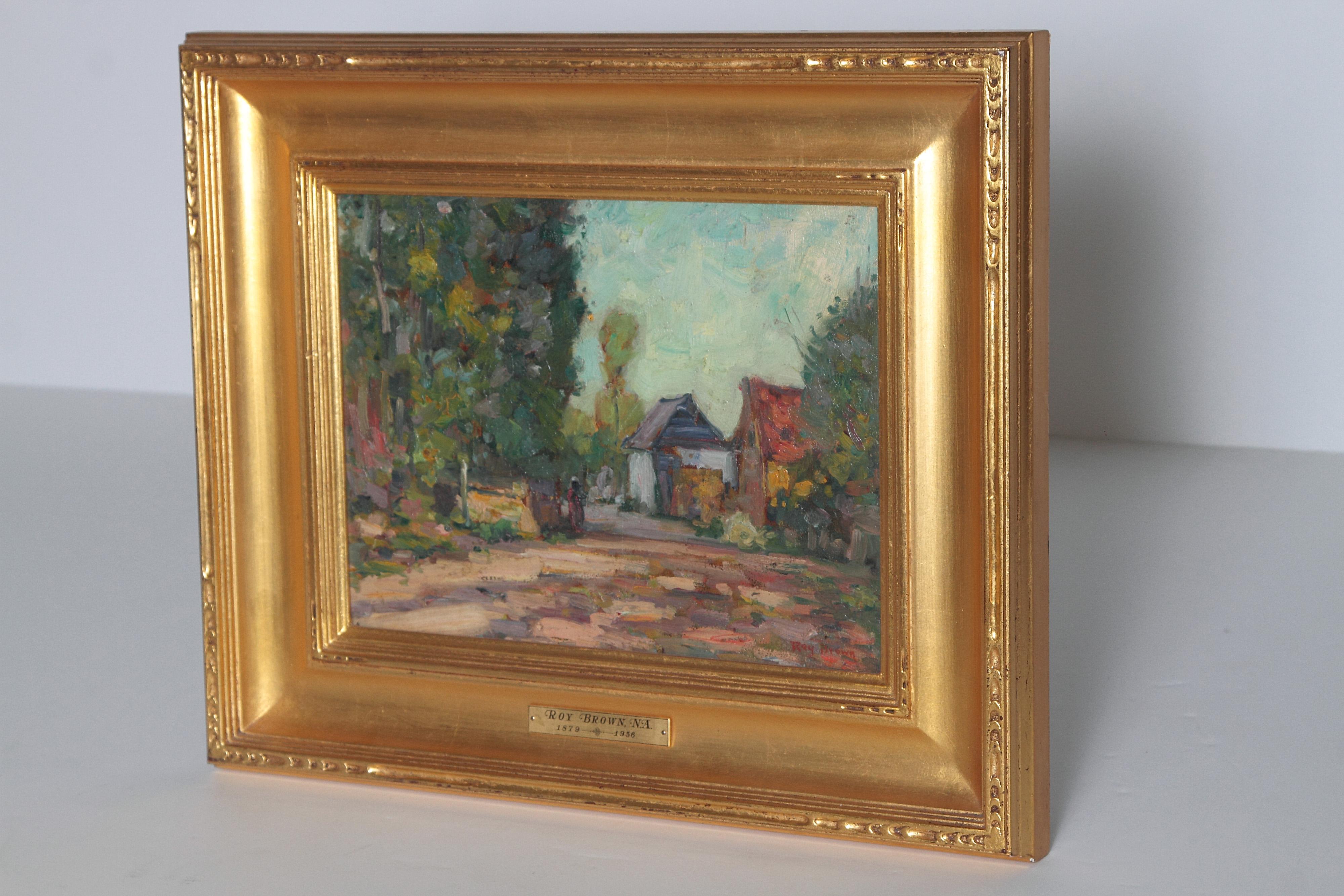 An impressionistic view of a shady street with two houses. By American artist Roy Brown, 1879-1956. He painted extensively in New York and Europe. He is represented in a variety of museums, Signed lower right corner. Image measures: 13.75