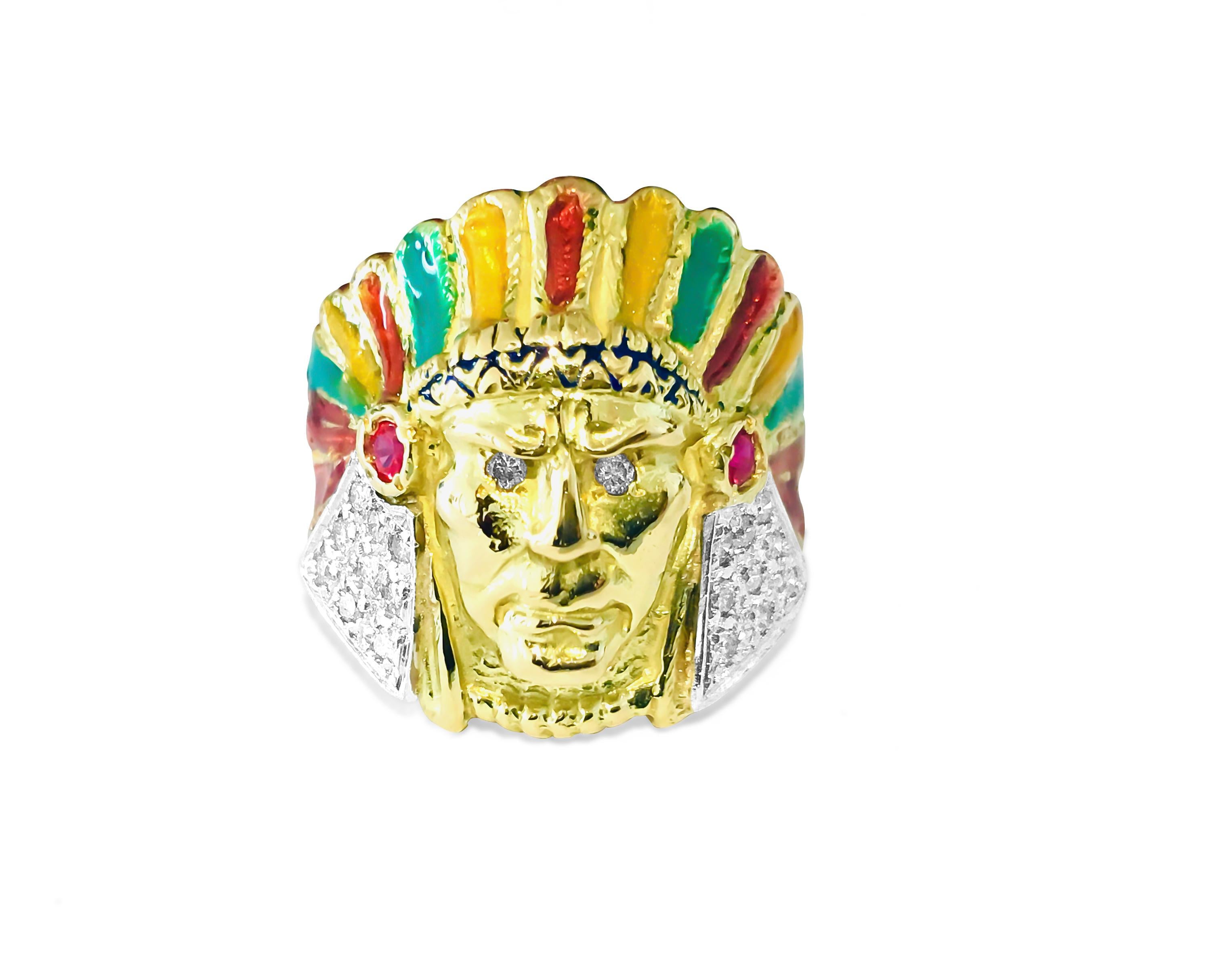 Artisan American Indian 0.85 Carat Diamond Ruby Ring 18 Karat Yellow Gold
