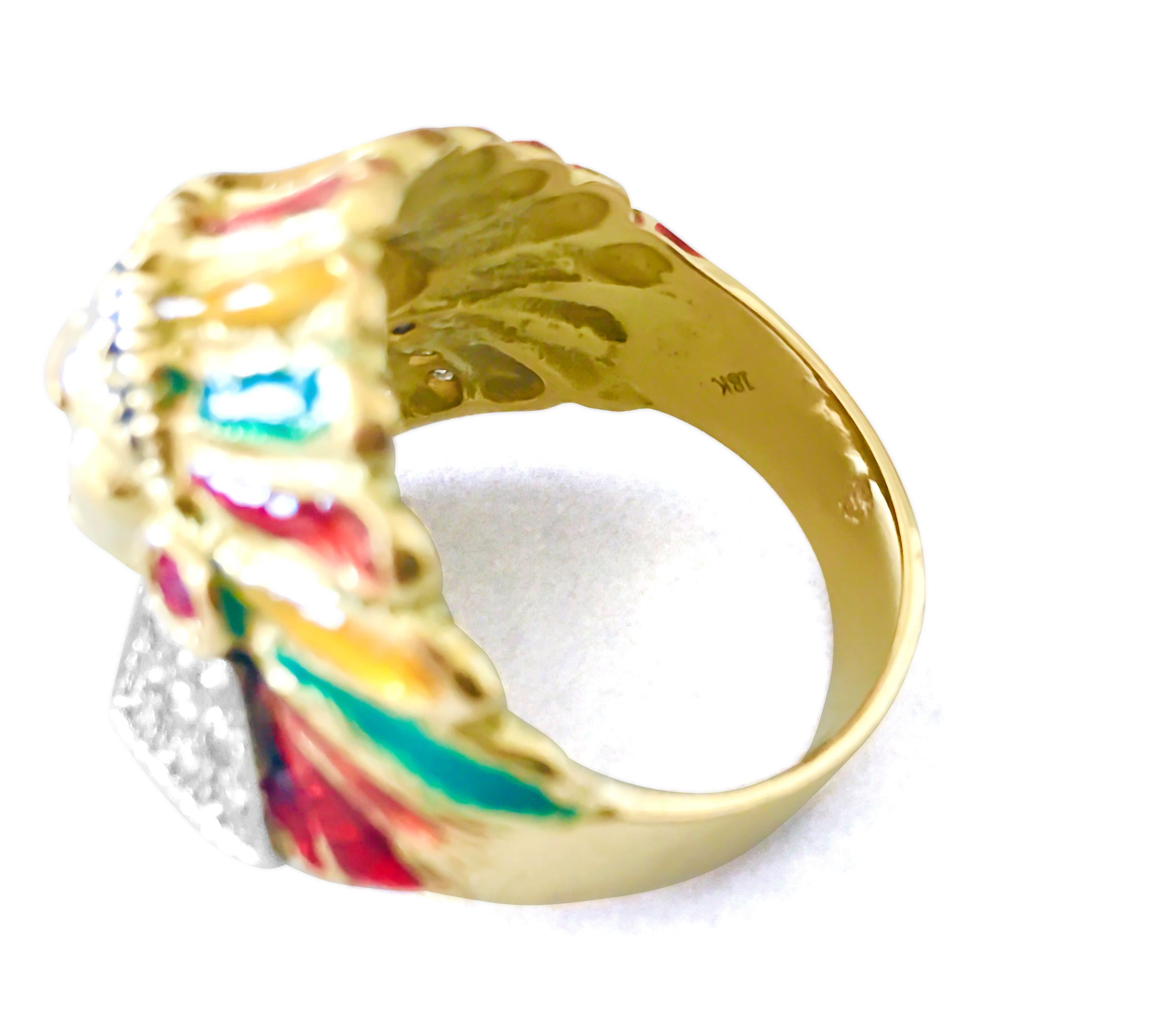 Behold this unique Native American Chief head ring, custom-made from solid 18k yellow gold and adorned with 0.65 carats of round brilliant-cut diamonds with VS-SI clarity and G color. Adding to its allure are 0.20 carats of round-cut Burmese rubies,