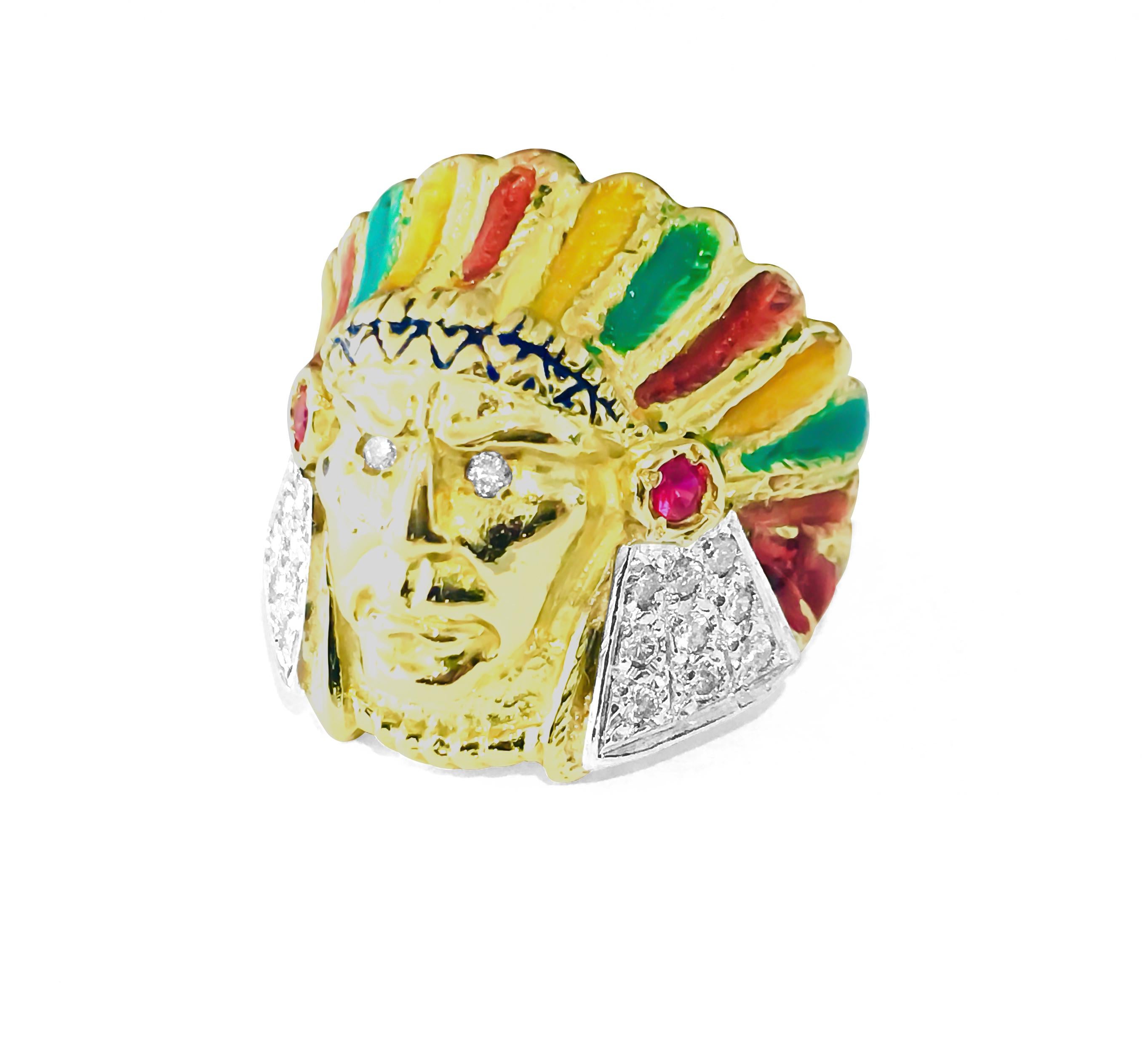 American Indian. 18k, 0.85 carat Diamond & Ruby Ring In Excellent Condition For Sale In Miami, FL