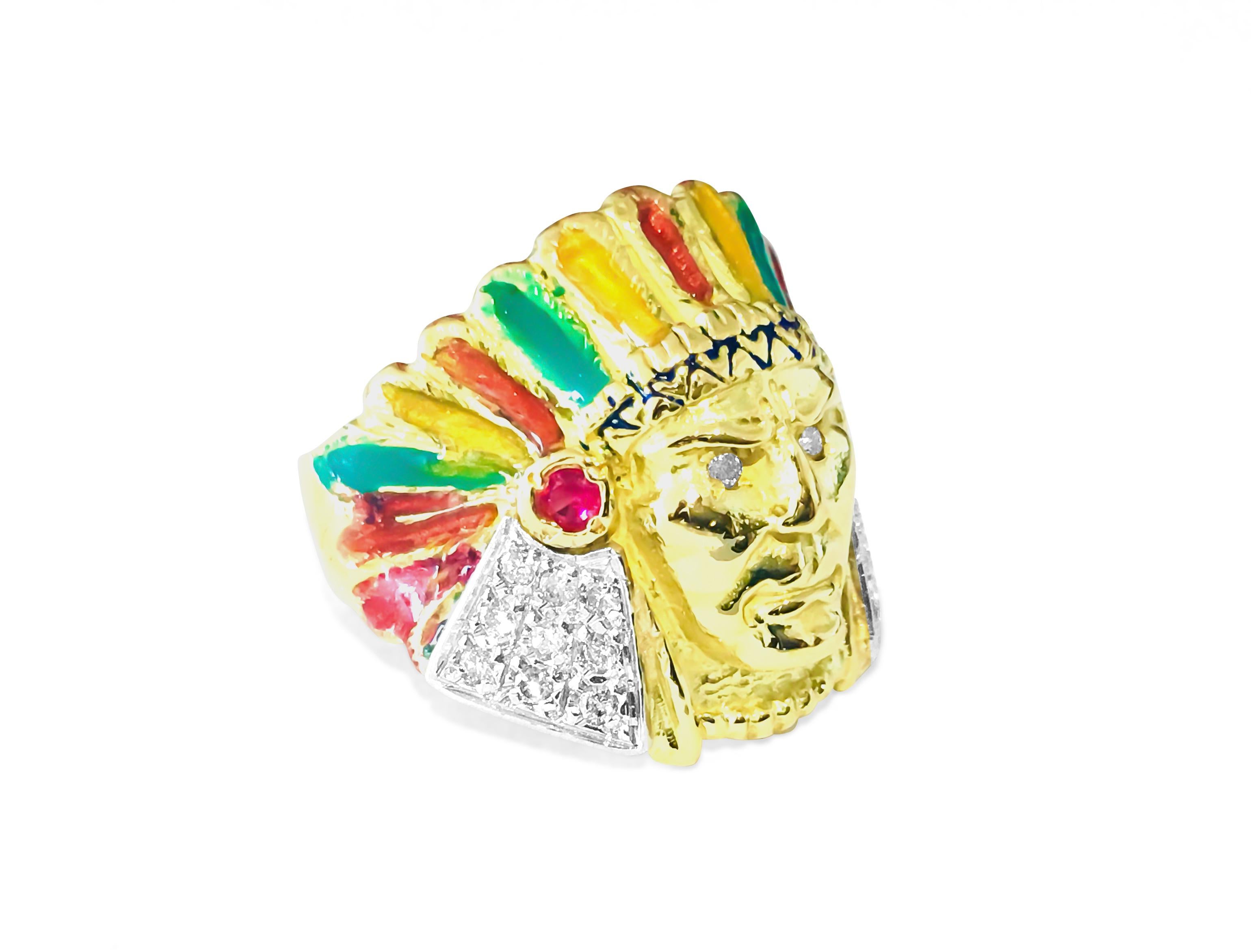 Women's or Men's American Indian. 18k, 0.85 carat Diamond & Ruby Ring For Sale