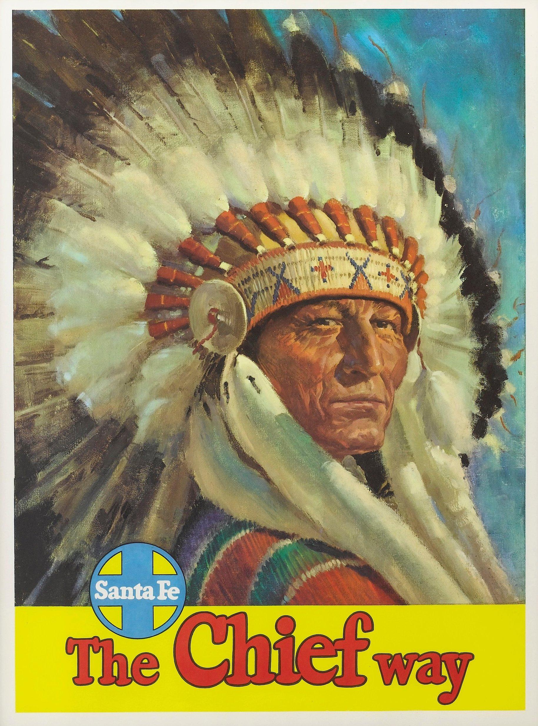 This is a vintage travel poster for the Santa Fe Southern Railway, circa 1947. The poster is illustrated with a paradigmatic image of a Native American chief, so drawn to align the Santa Fe railroad with a romanticized version of America's old west.