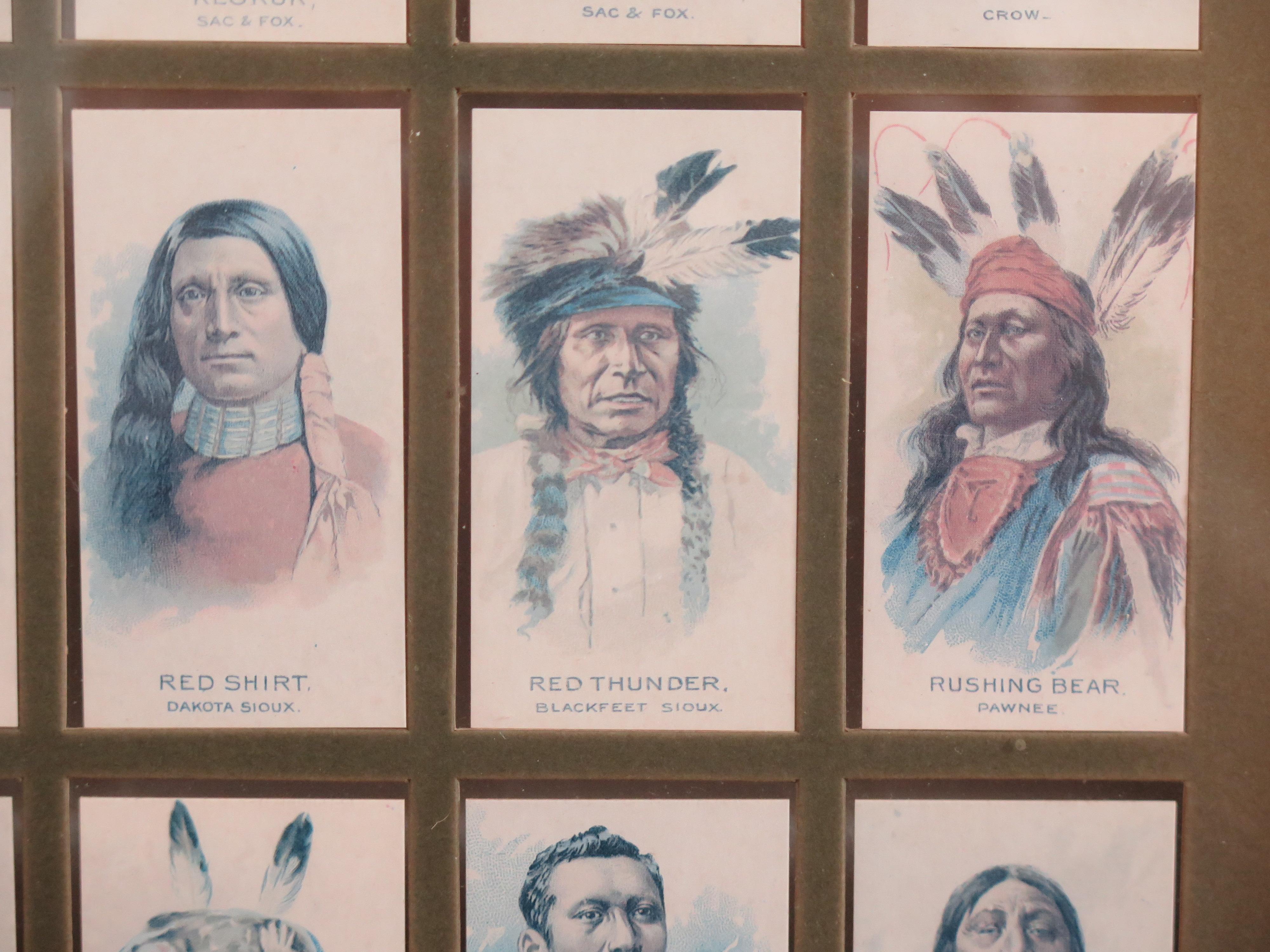 Glass American Indian Chiefs Set 50 Framed Cigarette Cards by Allen & Ginter Reprints  For Sale