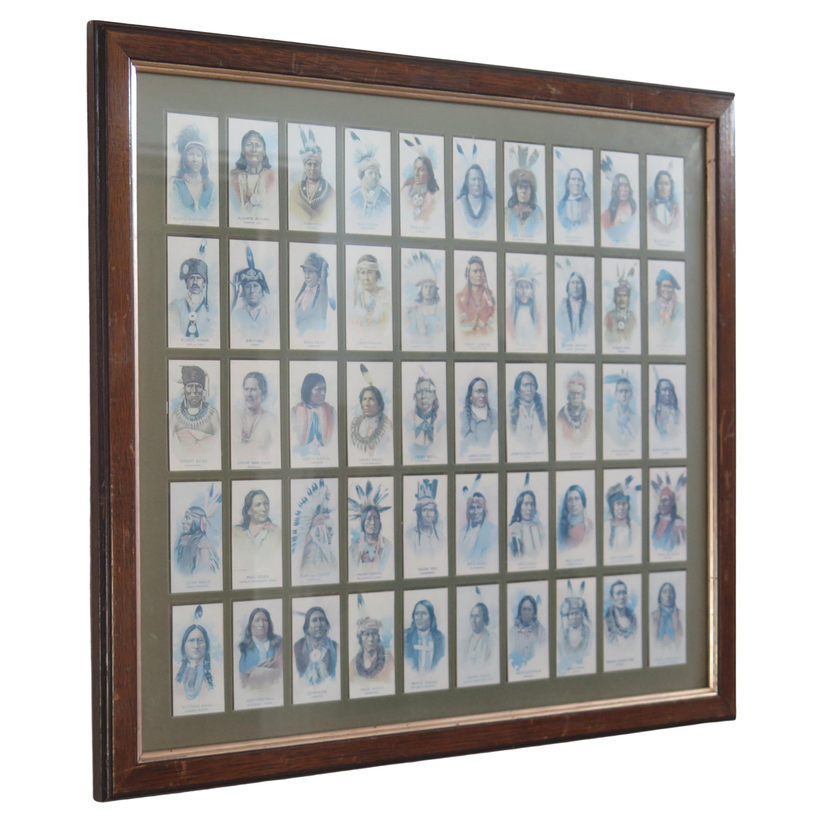 American Indian Chiefs Set 50 Framed Cigarette Cards by Allen & Ginter Reprints For Sale