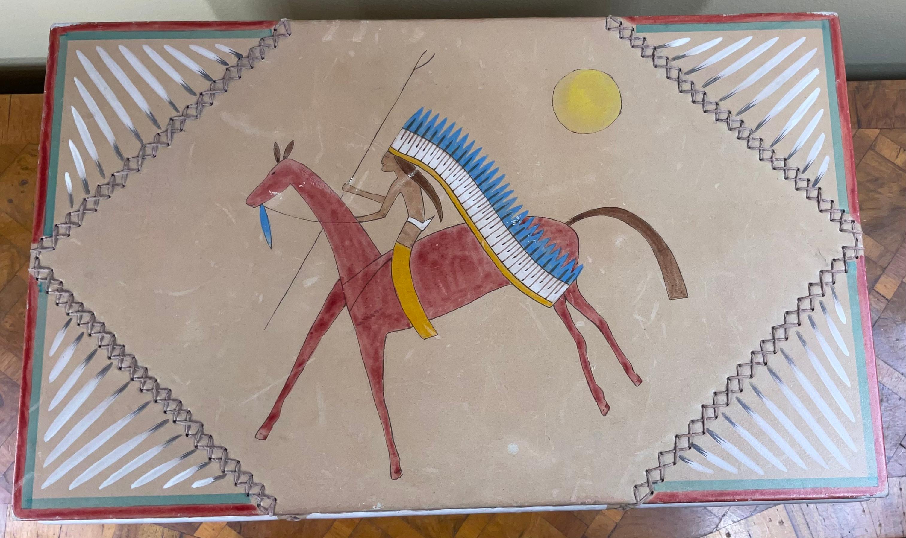 American Indian Hand Painted Leather Box  In Good Condition In Delray Beach, FL