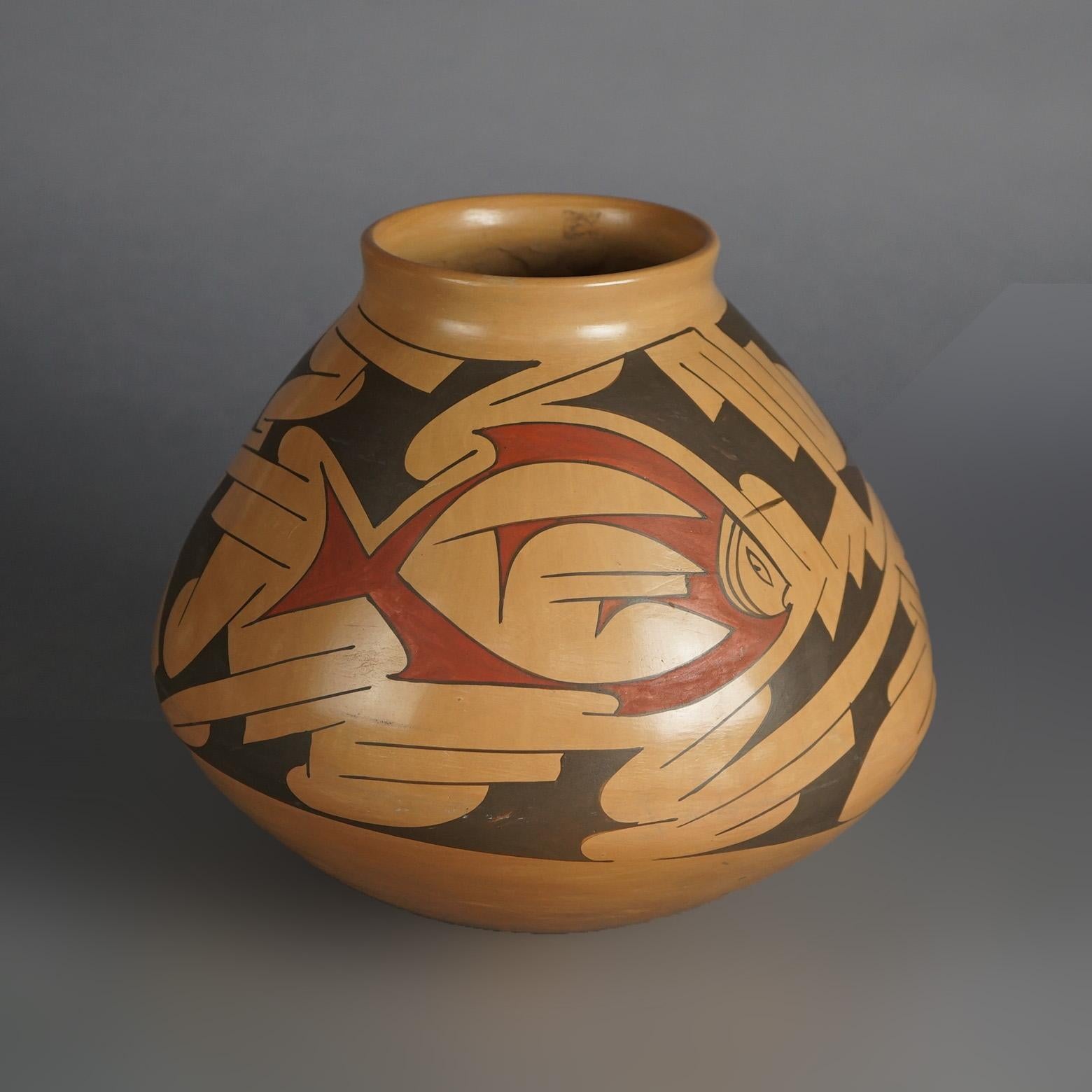 Amerikanische Indianer Hand bemalte Keramik Olla Topf mit Fisch 20thC (Handbemalt) im Angebot