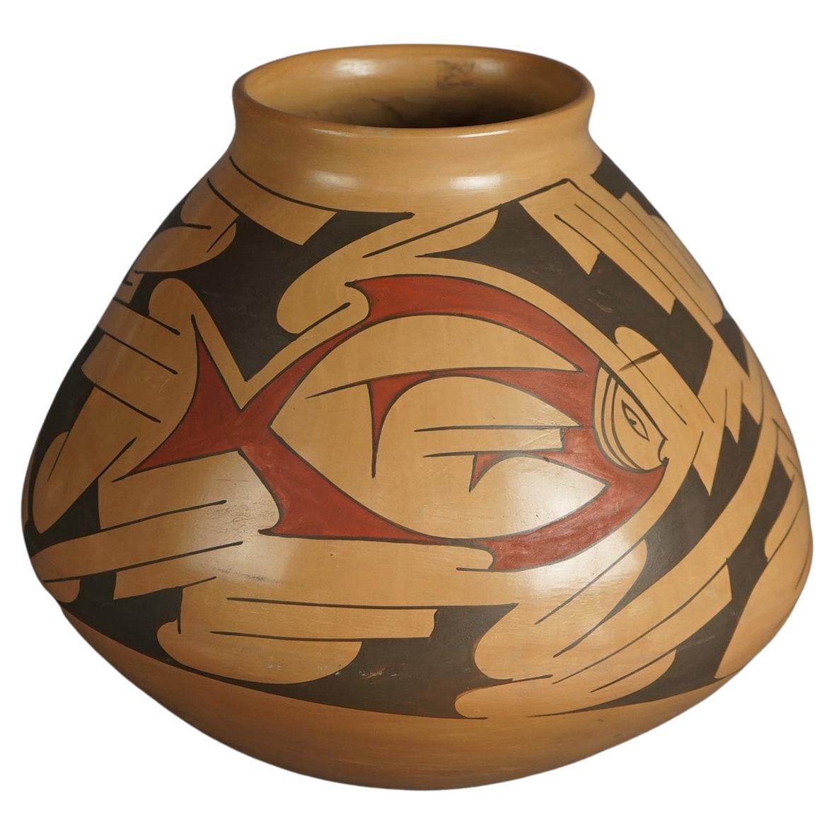 Amerikanische Indianer Hand bemalte Keramik Olla Topf mit Fisch 20thC im Angebot