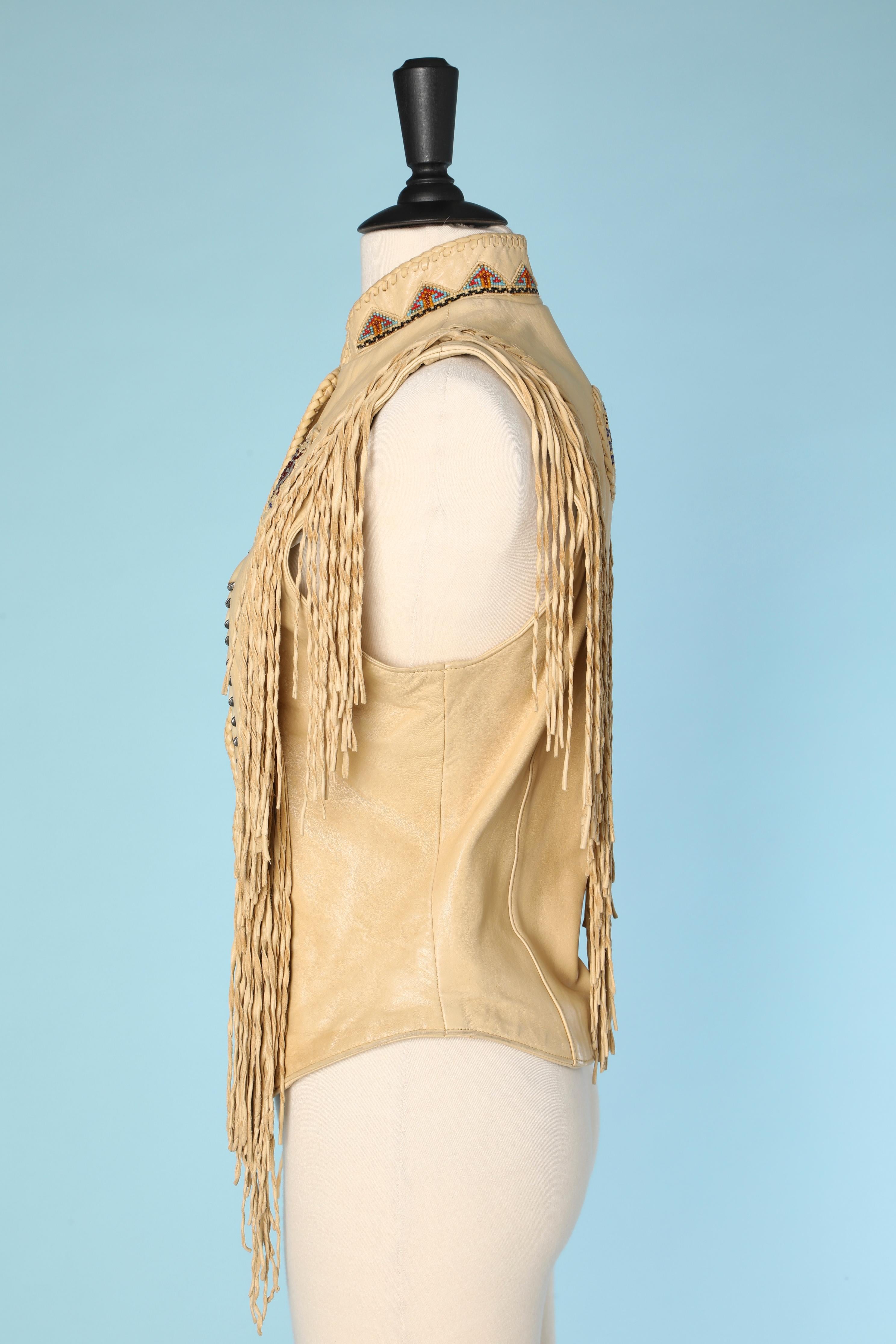 Beige American Indian leather vest with beaded work and fringes Diamond Leather  For Sale