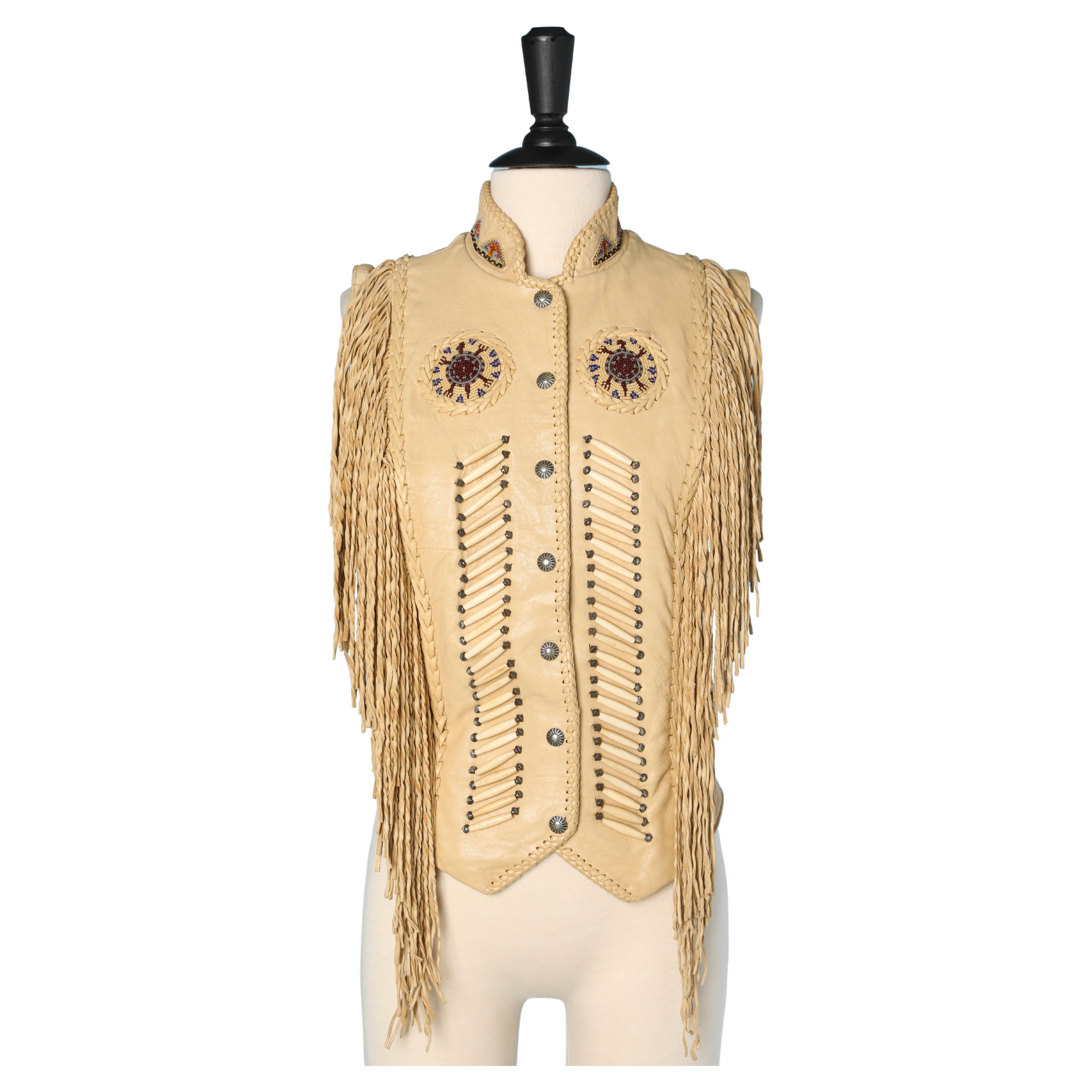 American Indian leather vest with beaded work and fringes Diamond Leather  For Sale