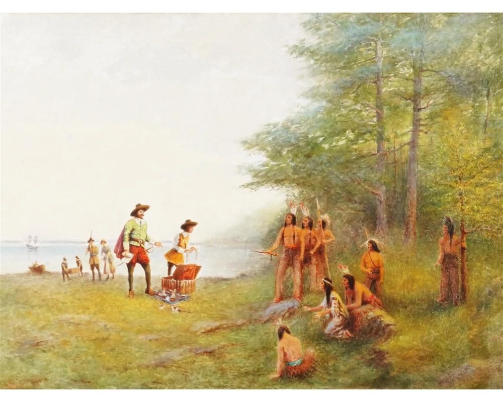 merican Indian / Native American Antique School Painting of Pilgrims and Indians Oil on Canvas. Appears to be unsigned.

Sight Size: 20 x 30 in. 
Overall Framed Size: 32 x 42 in.