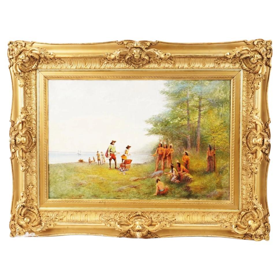 American Indian Native American Antique Painting of Pilgrims and Indians Oil on  For Sale