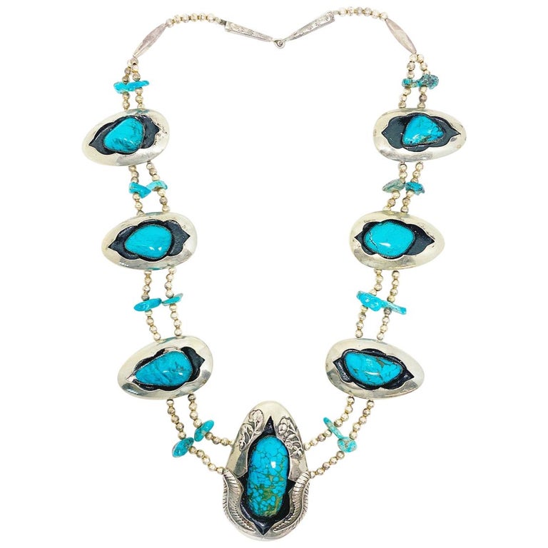 American Indian Squash Blossom Silver Turquoise and Enamel Pendant