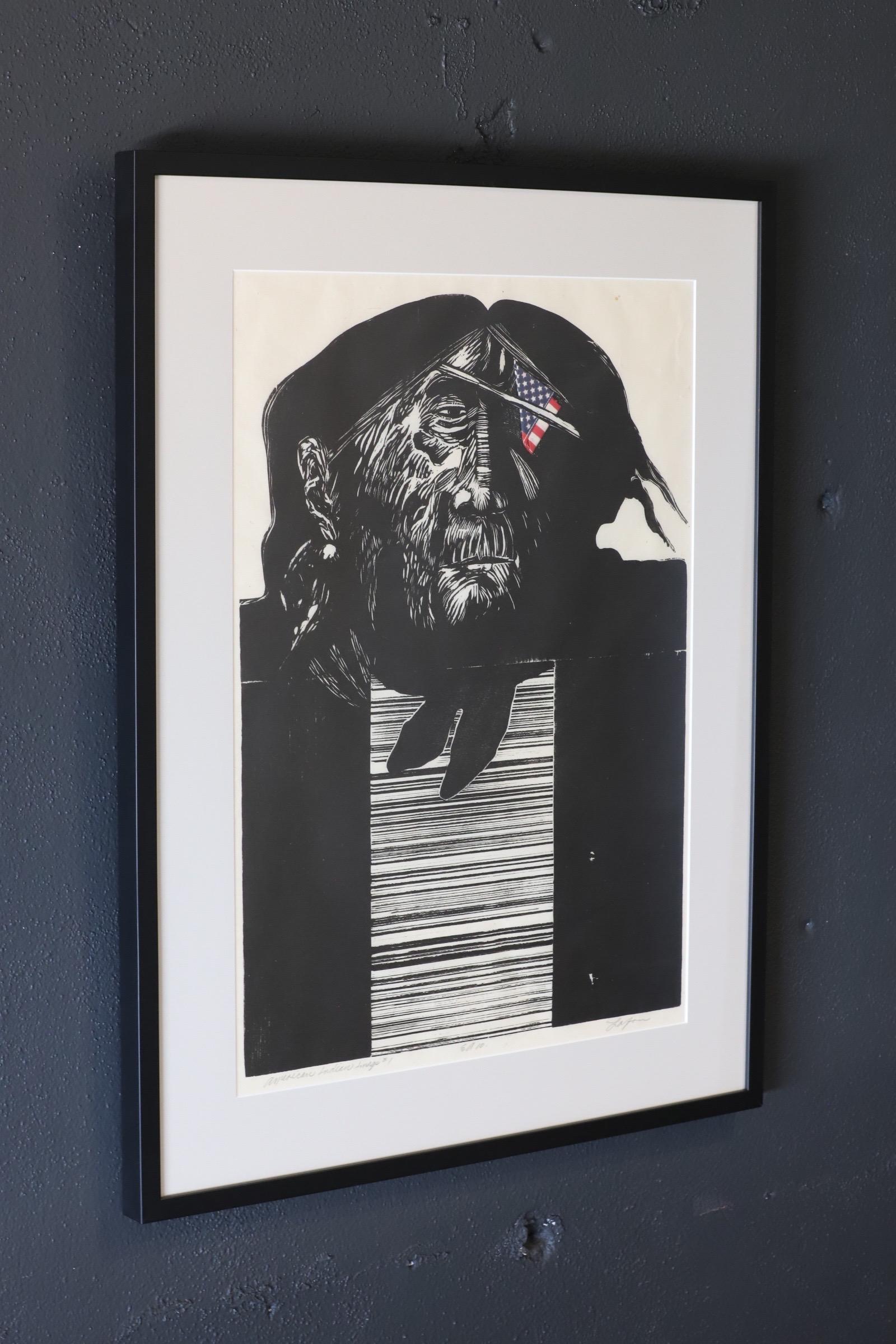 A very thought provoking etched image of an American Indian with folded United States flag as an eye patch. 