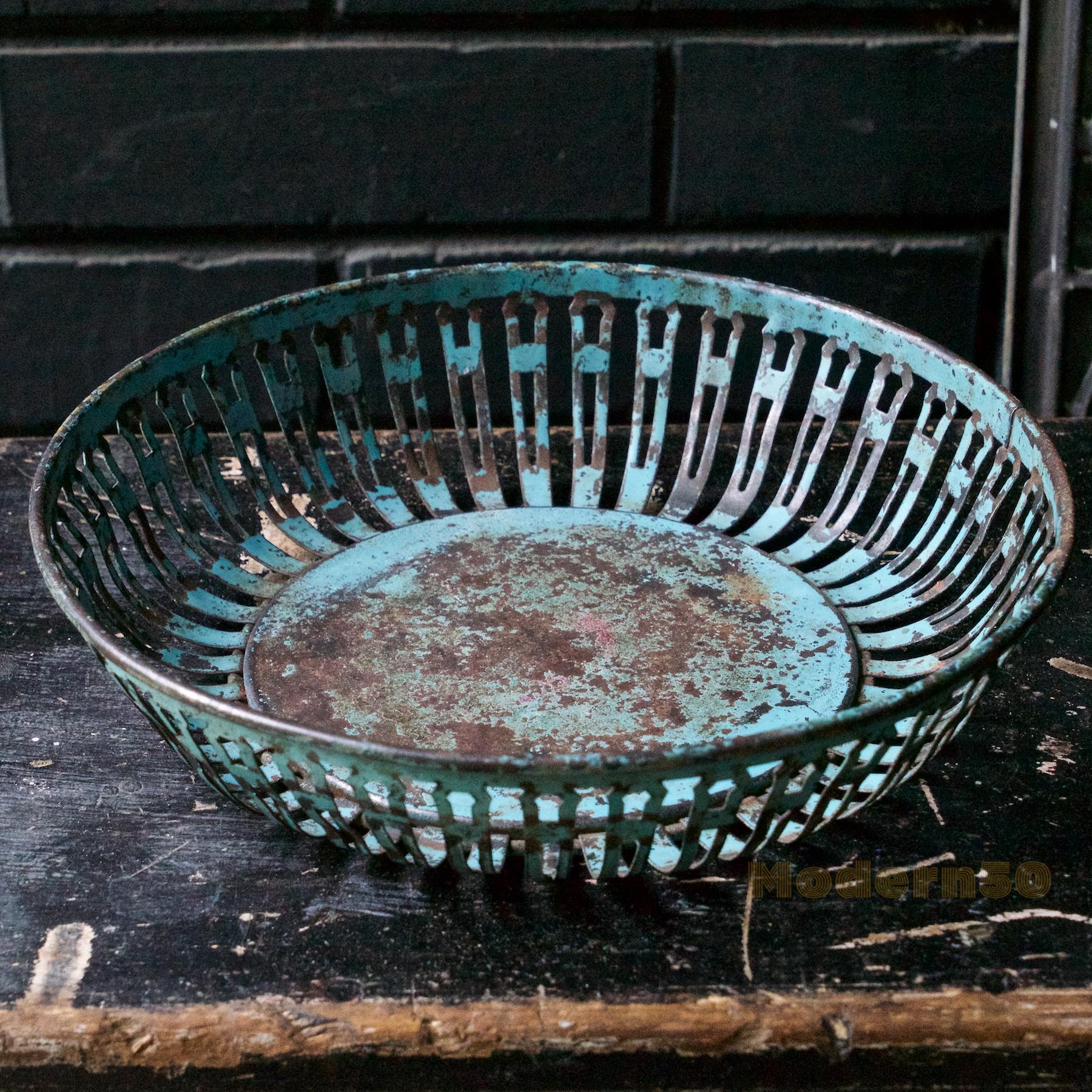 Late Victorian Industrial Metal Arts Reticulated Toleware Basket Bowl Painted Patina Farmhouse  For Sale
