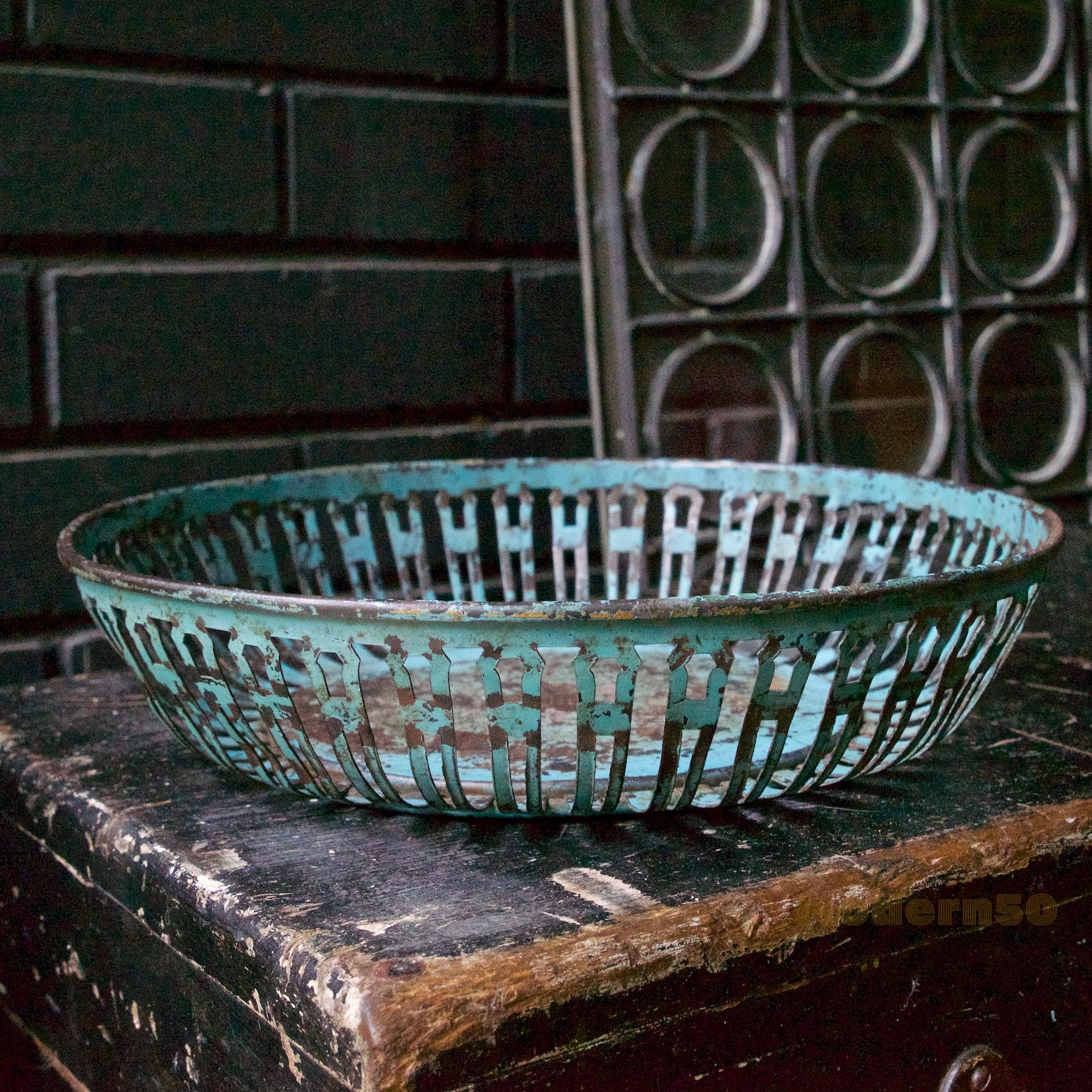Early 20th Century Industrial Metal Arts Reticulated Toleware Basket Bowl Painted Patina Farmhouse  For Sale
