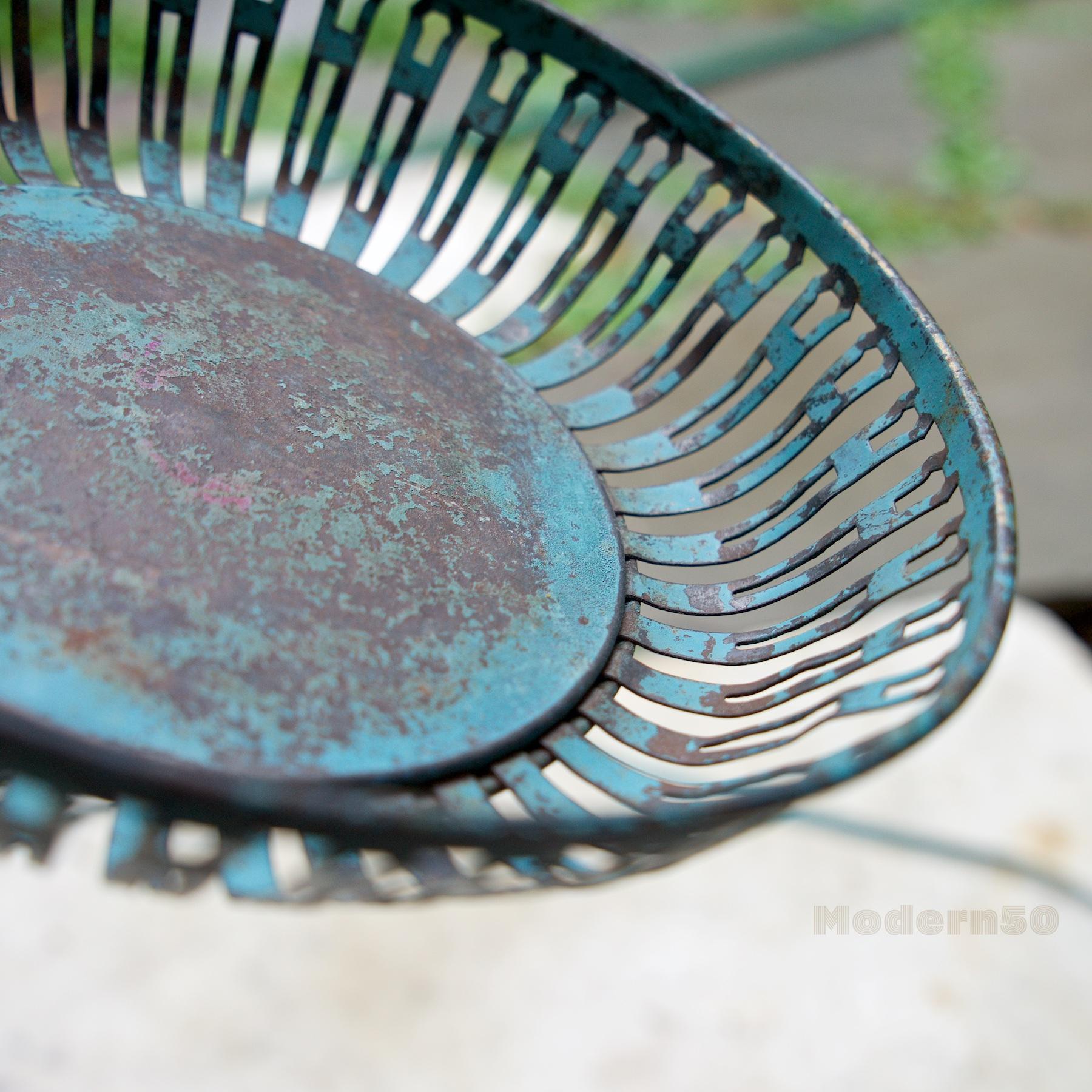 Steel Industrial Metal Arts Reticulated Toleware Basket Bowl Painted Patina Farmhouse  For Sale