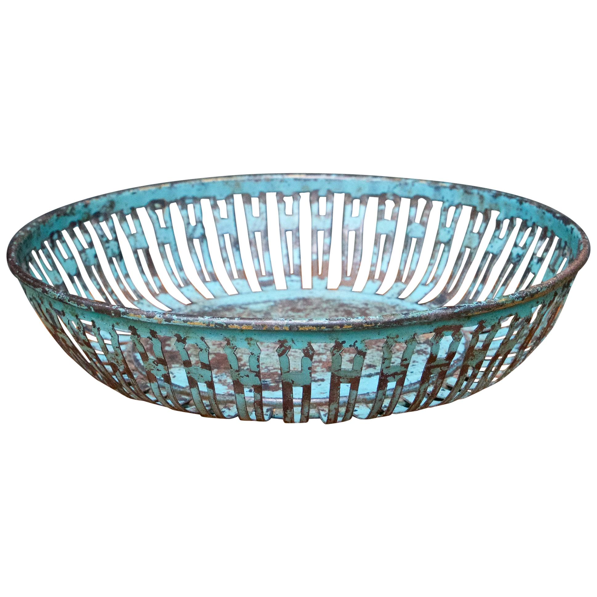 Industrial Metal Arts Reticulated Toleware Basket Bowl Painted Patina Farmhouse  For Sale