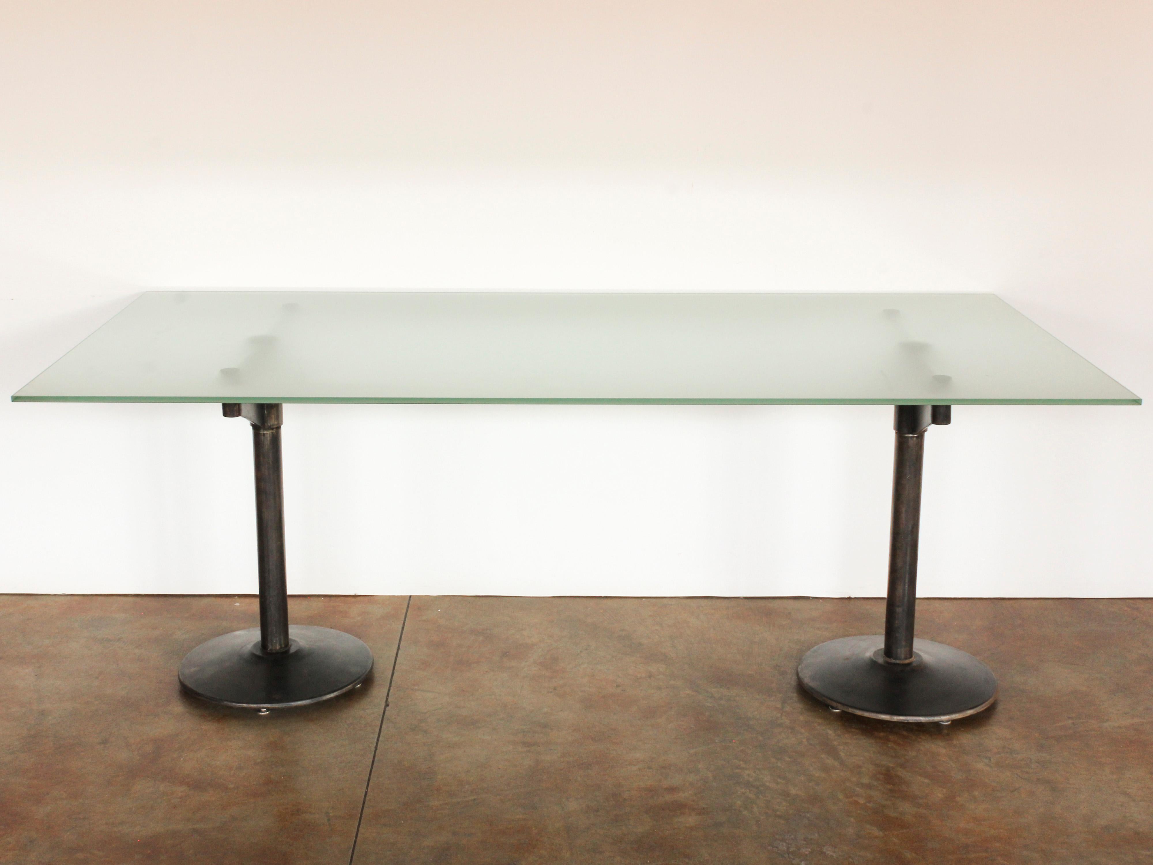 20th c. American Industrial Style Iron Pedestal Table with Frosted Glass Top In Good Condition For Sale In Chicago, IL