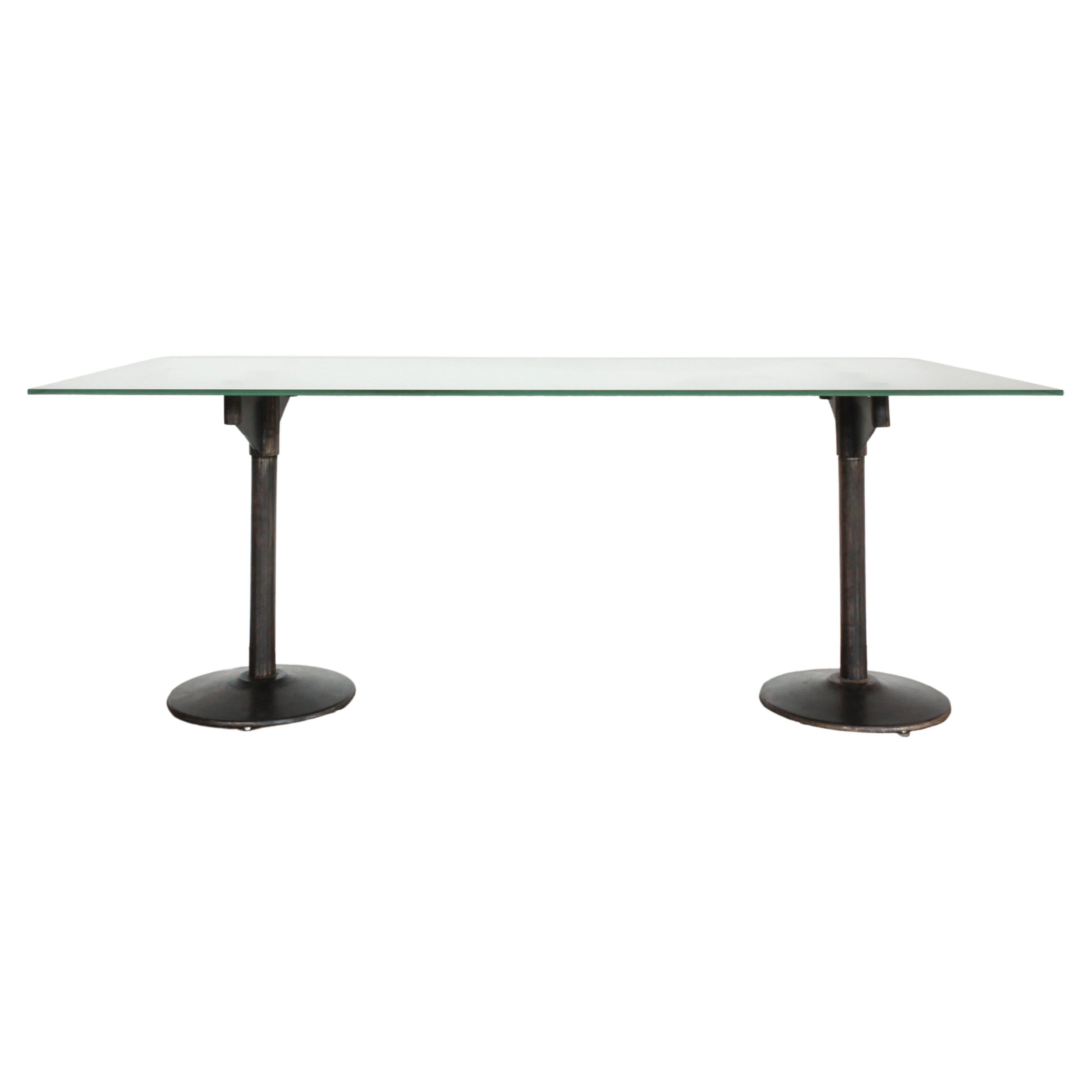 20th c. American Industrial Style Iron Pedestal Table with Frosted Glass Top For Sale