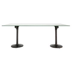 20th c. American Industrial Style Iron Pedestal Table with Frosted Glass Top