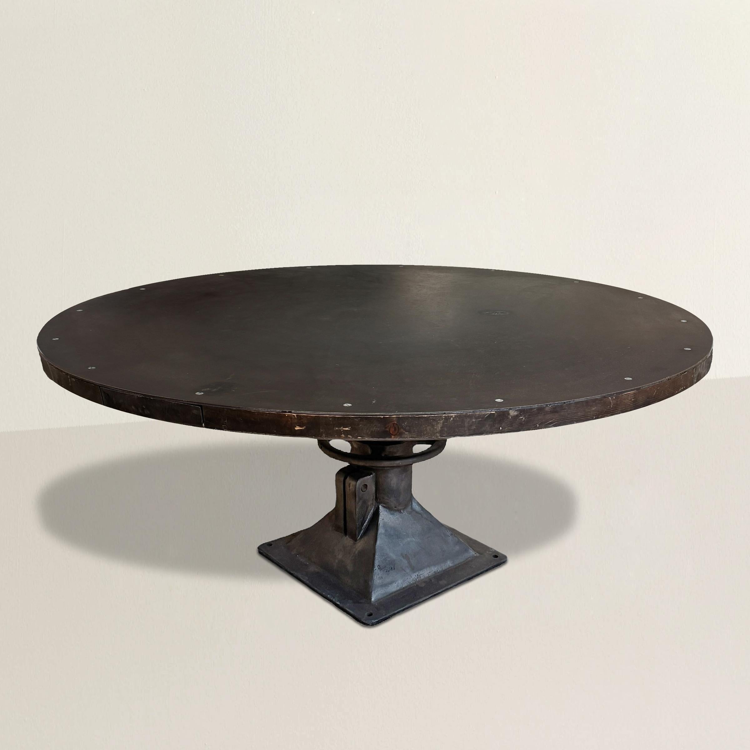 Massive, bold, and completely unforgettable, this round dining table is a 21st-century masterpiece built from 20th-century American industrial parts. The top is formed from two colossal 65