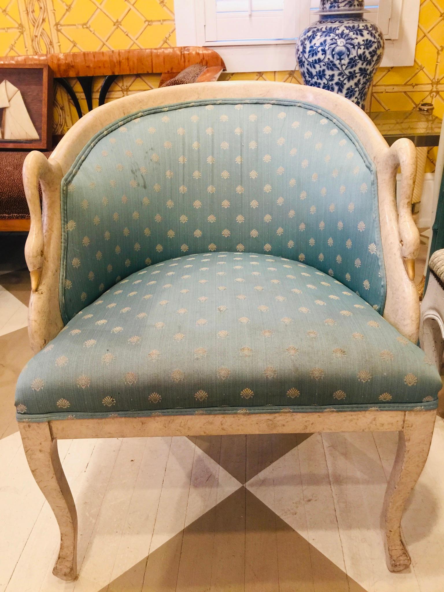 American Ivory Painted Upholstered Swan French Style Armchair In Good Condition For Sale In Southampton, NY