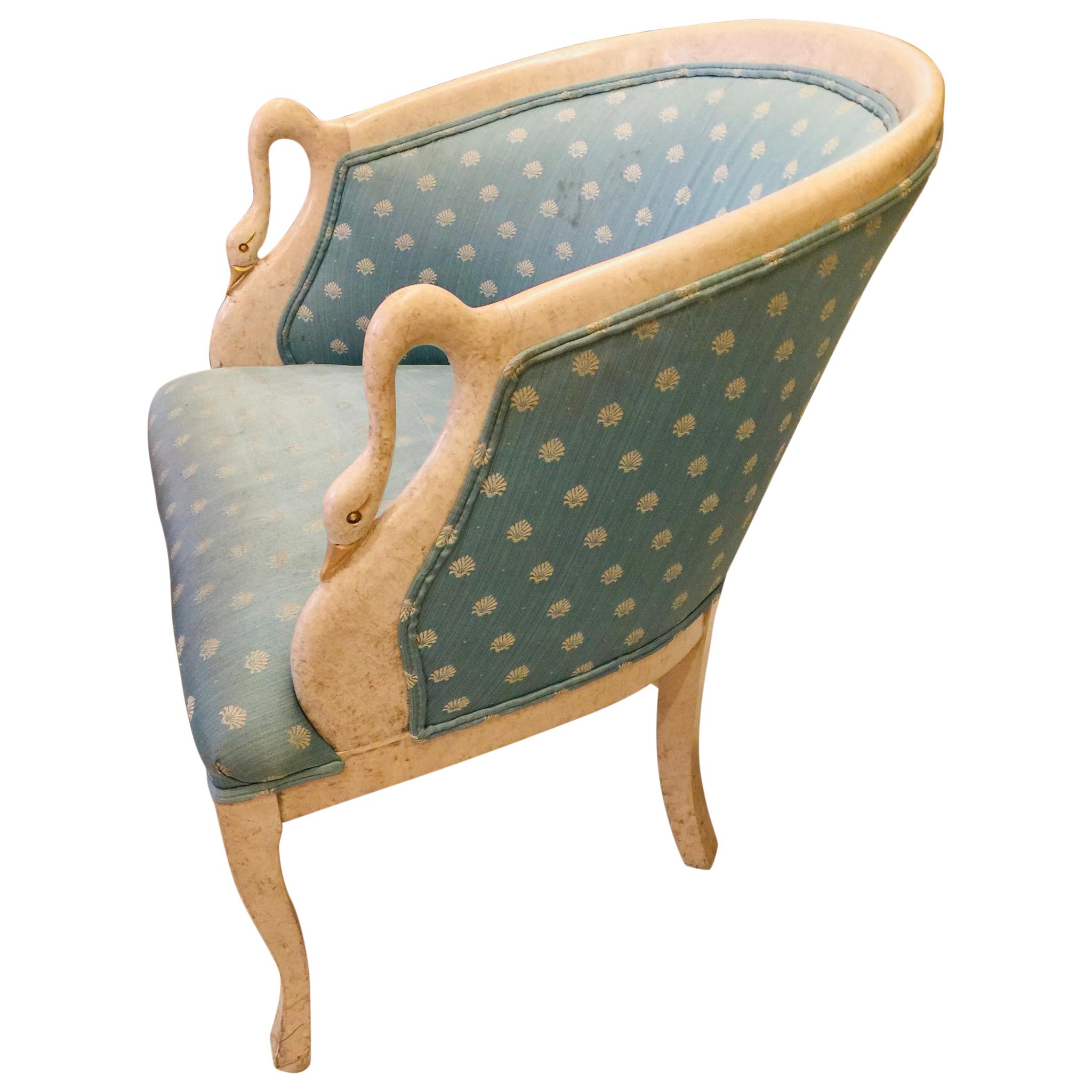 American Ivory Painted Upholstered Swan French Style Armchair