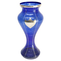 Vintage American La Pierre Silver Overlay Cobalt Blue Glass Vase, circa 1910