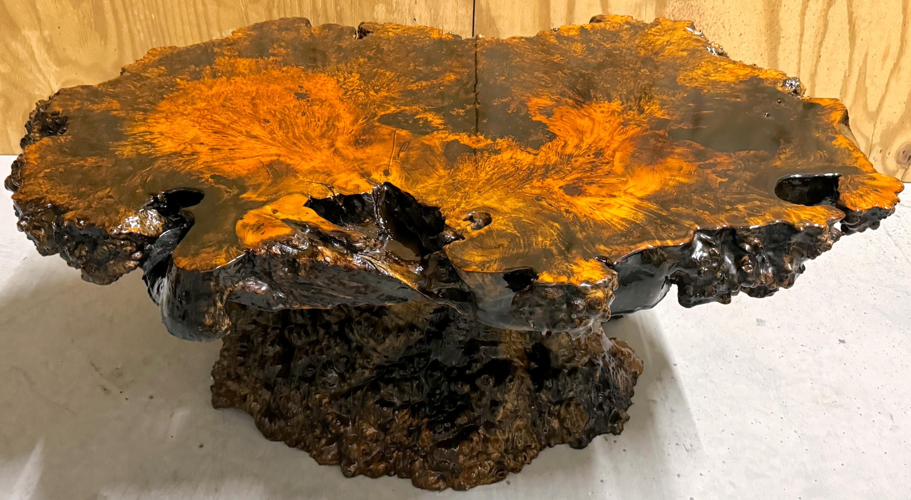 American Lacquered Live Edge Specimen Burl Coffee Table with Root Base 
USA, circa 1980s

Offering an exquisite piece of organic modern furniture, an American Lacquered Live Edge Specimen Burl Coffee Table with Root Base is a remarkable example of
