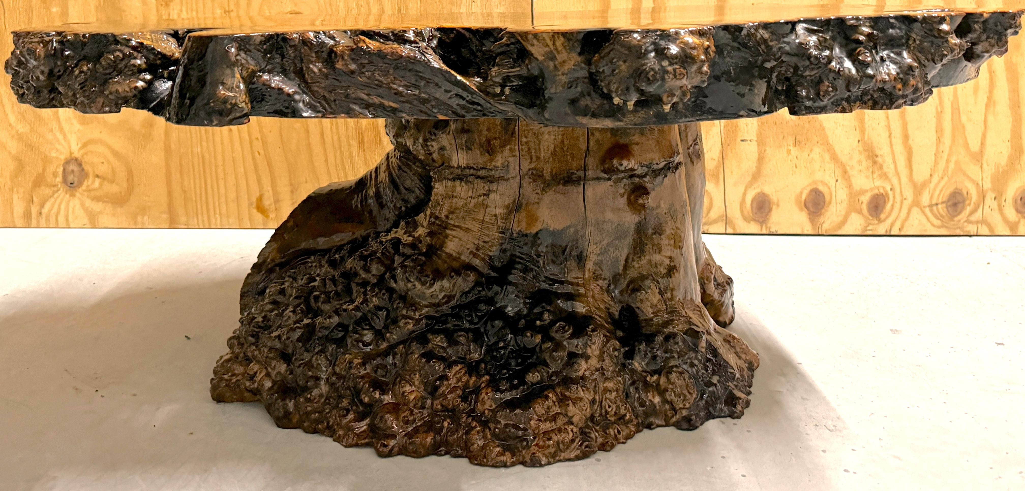 Organic Modern American Lacquered Live Edge Specimen Burl Coffee Table with Root Base  For Sale