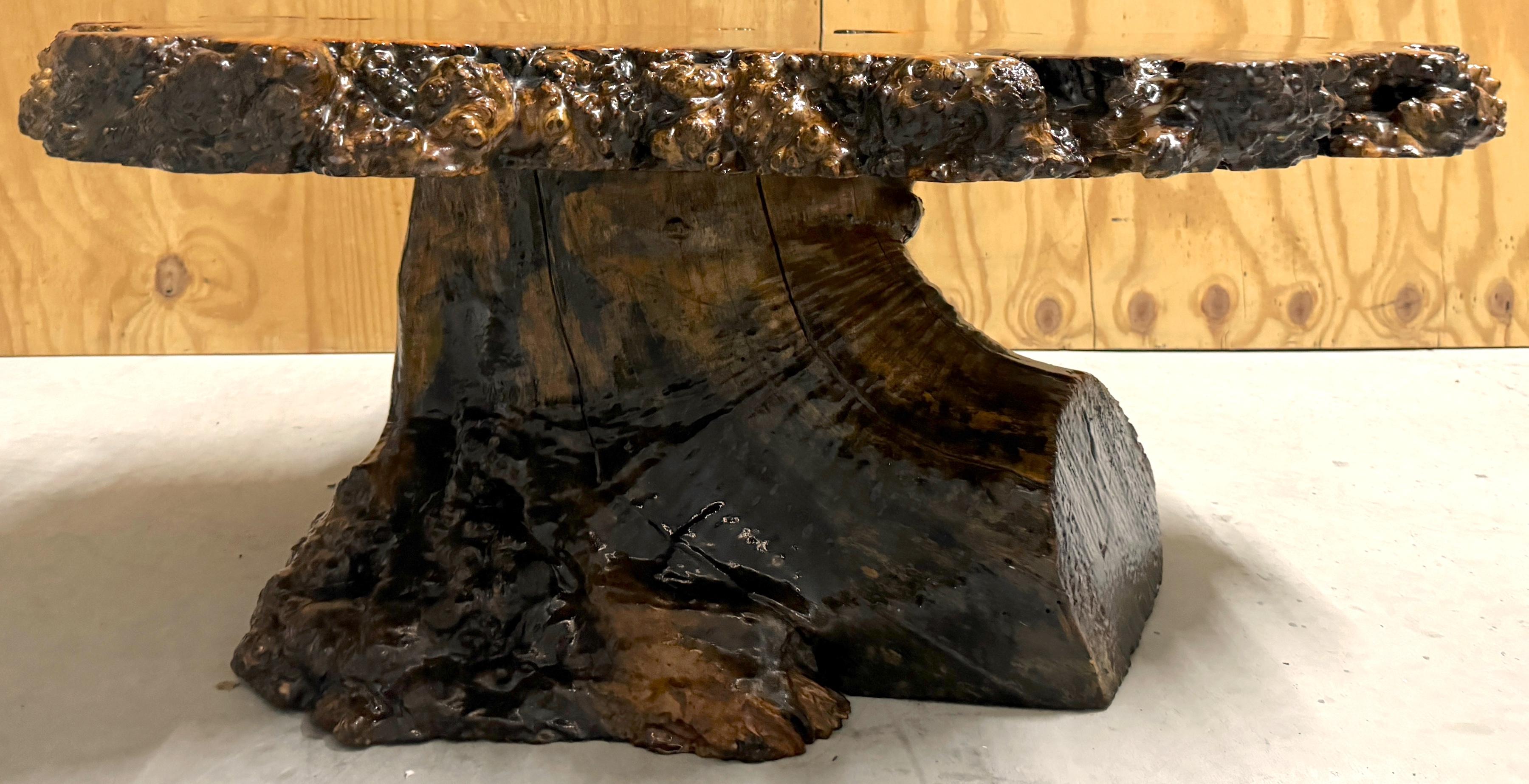American Lacquered Live Edge Specimen Burl Coffee Table with Root Base  For Sale 2