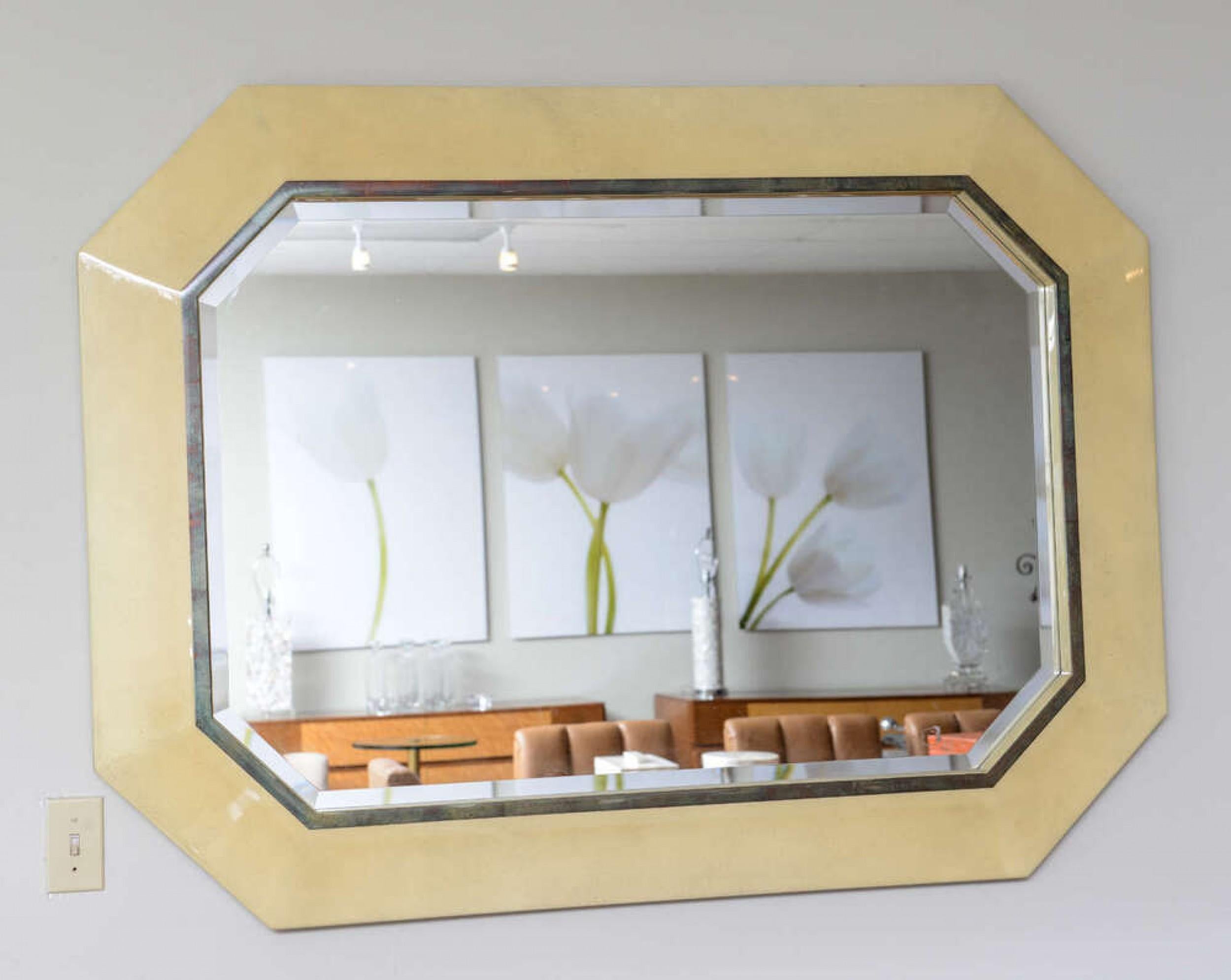 Mid-Century Modern American Lacquered Parchment Octagonal Wall Mirror, Style of Karl Springer For Sale