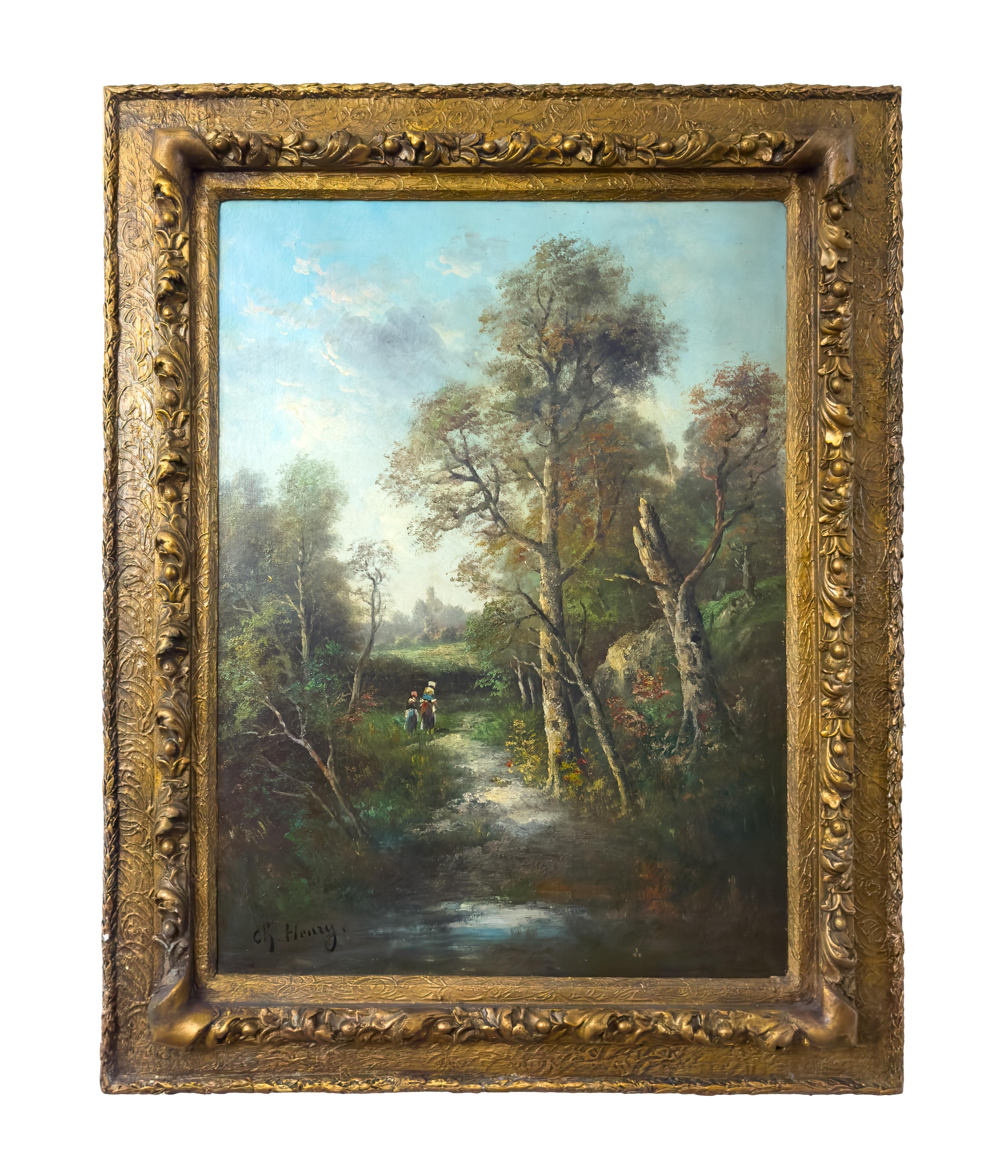 Peinture à l'huile sur toile d'une scène de forêt californienne par Charles Henry HENRY (1859-1936), un maître de l'art paysager des débuts de l'Amérique.

Cette œuvre évocatrice représente deux personnages marchant le long d'un sentier forestier