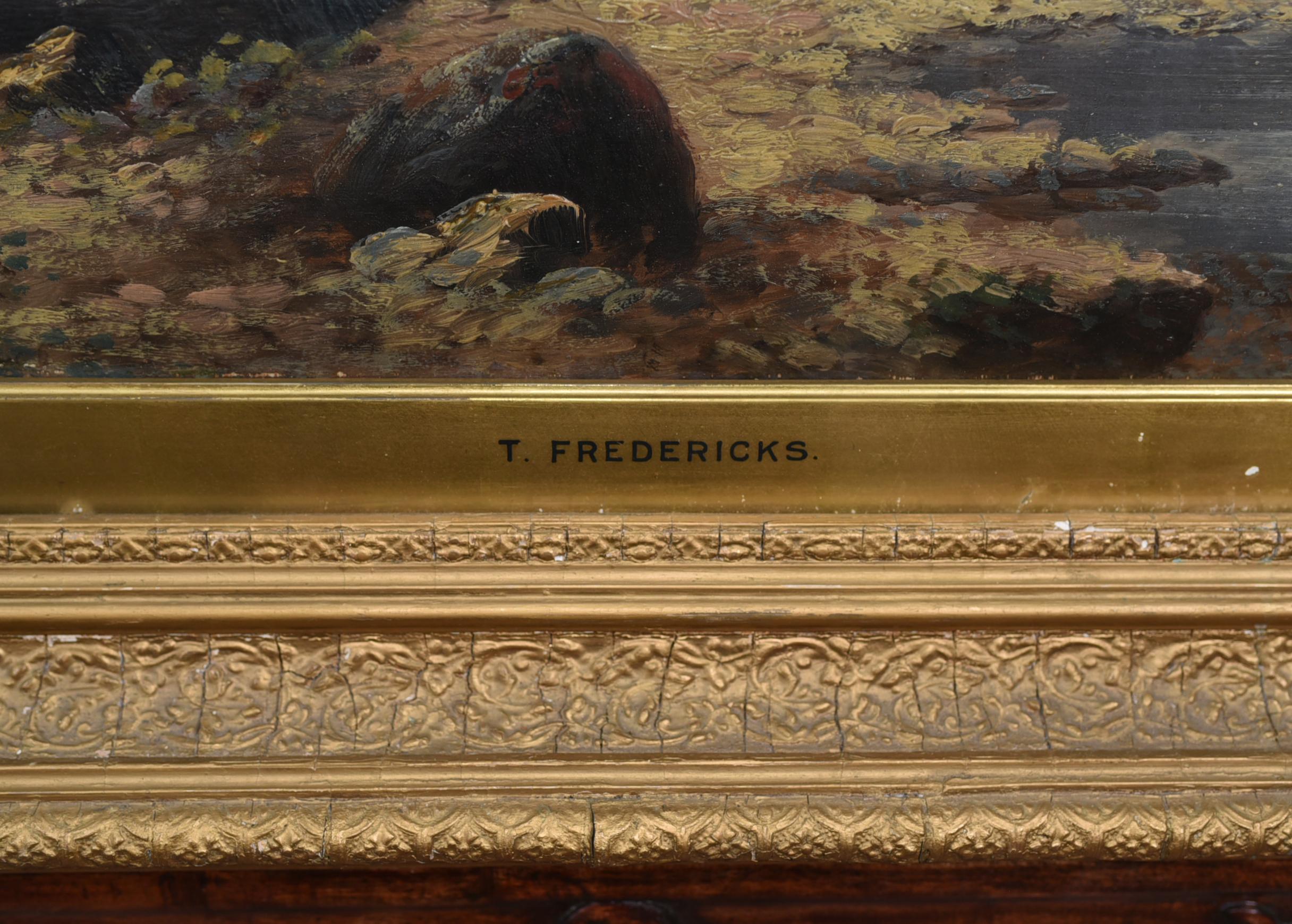 Wonderful oil painting of a moody mountainous landscape by T Fredericks
Ernest T. Fredericks (1877 - 1959) was active/lived in Arkansas, Illinois
Piece comes in the intricate gilt frame and is enscribed T Fredericks
AT first we thought the
