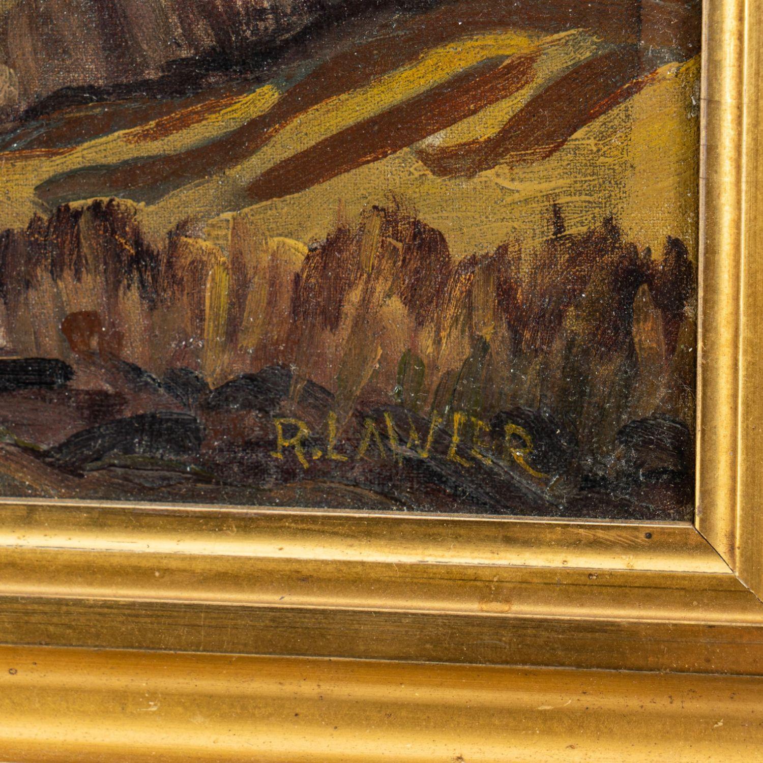 Oil on canvas landscape, signed by the artist, R Lawler, Ohio Valley.
American, circa 1930.