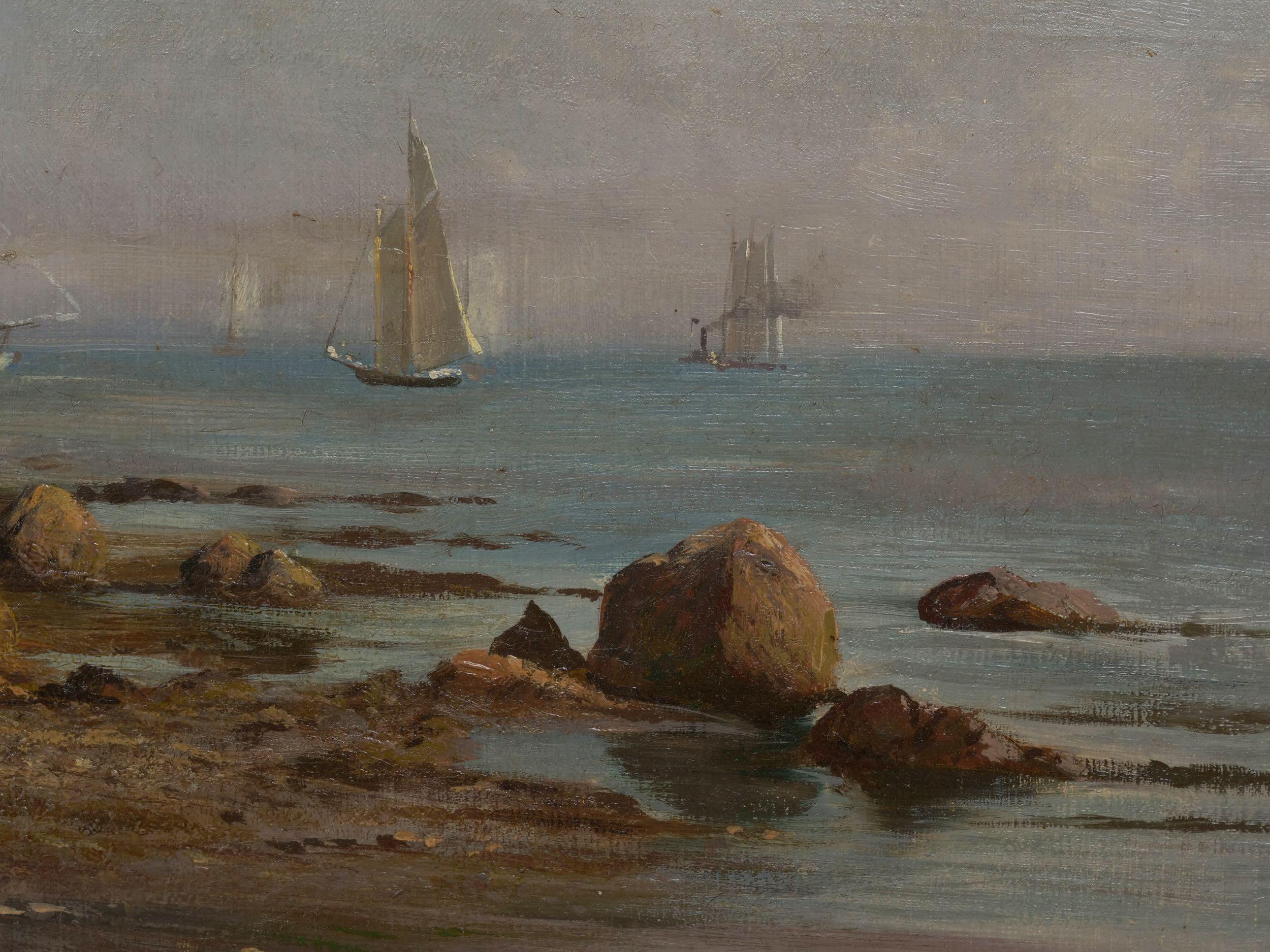 American Landscape Painting “Boats off a Rocky Coast” by Carl Philipp Weber 1
