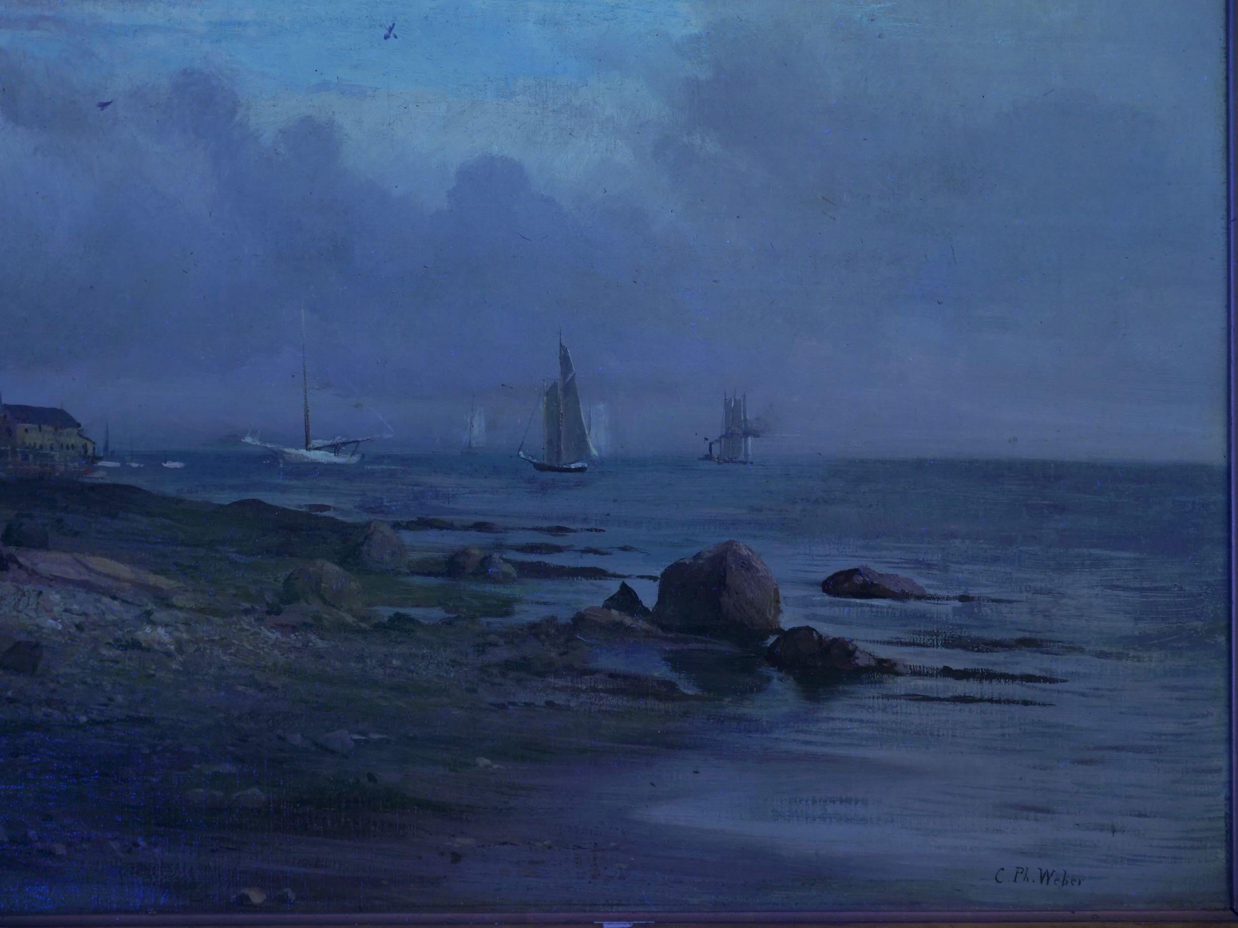 American Landscape Painting “Boats off a Rocky Coast” by Carl Philipp Weber 8